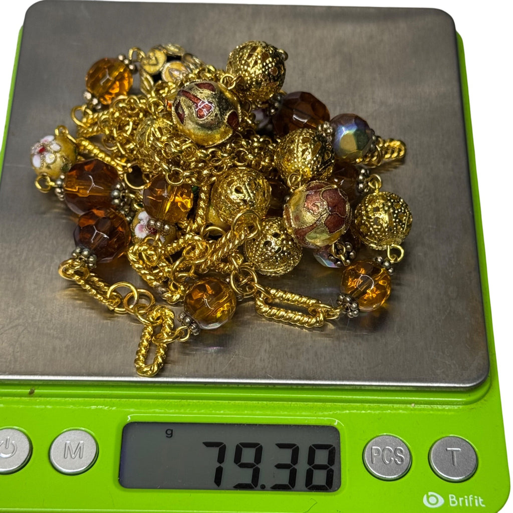 Cloisonne Gold Tone Necklace Vintage Beaded Amber Faeted Accents 54" Chain Link