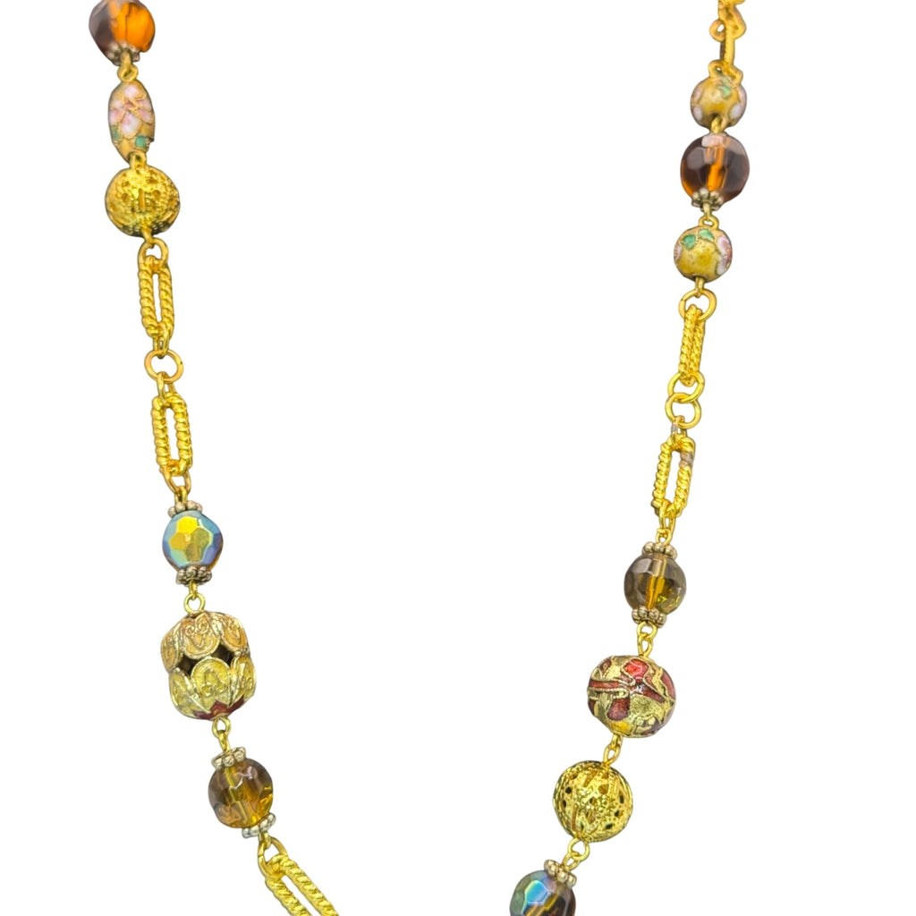 Cloisonne Gold Tone Necklace Vintage Beaded Amber Faeted Accents 54" Chain Link