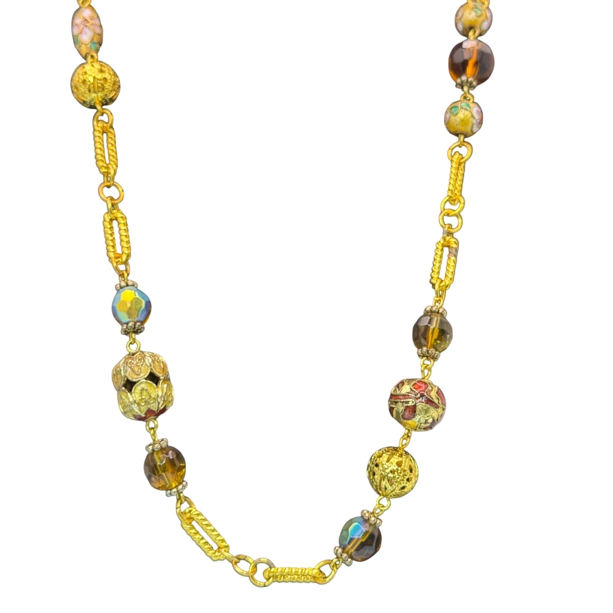 Cloisonne Gold Tone Necklace Vintage Beaded Amber Faeted Accents 54" Chain Link