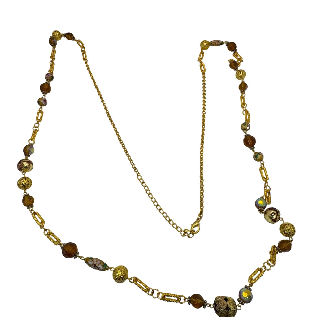Cloisonne Gold Tone Necklace Vintage Beaded Amber Faeted Accents 54" Chain Link