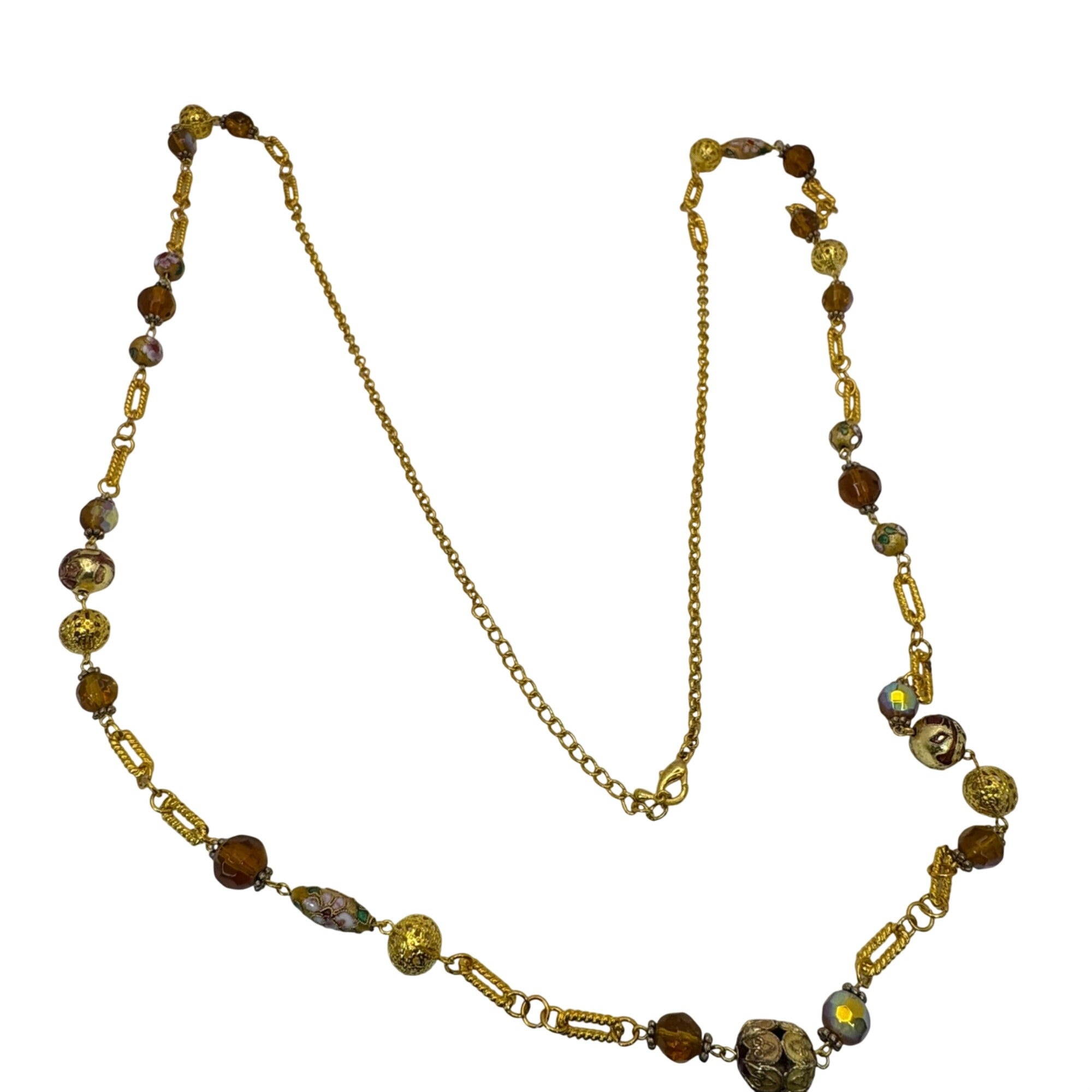 Cloisonne Gold Tone Necklace Vintage Beaded Amber Faeted Accents 54" Chain Link
