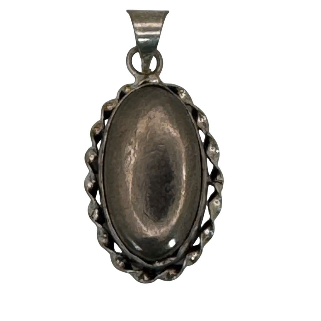 Vintage Large Sterling Silver Oval Hematite SW Native Pendant 1.25" Rope Border