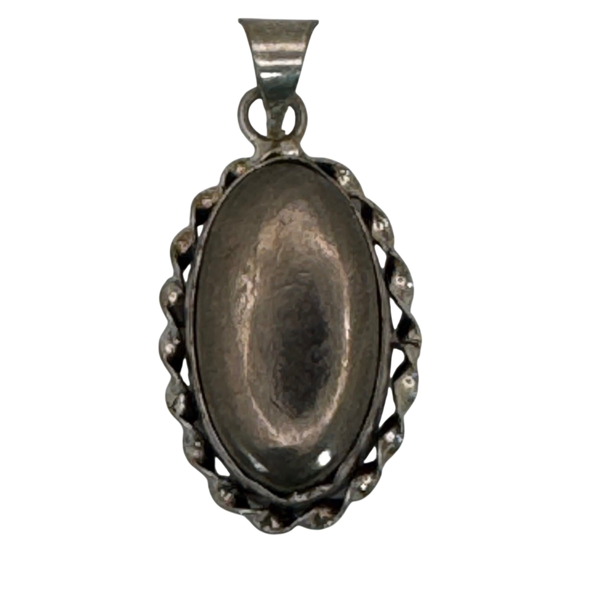 Vintage Large Sterling Silver Oval Hematite SW Native Pendant 1.25" Rope Border