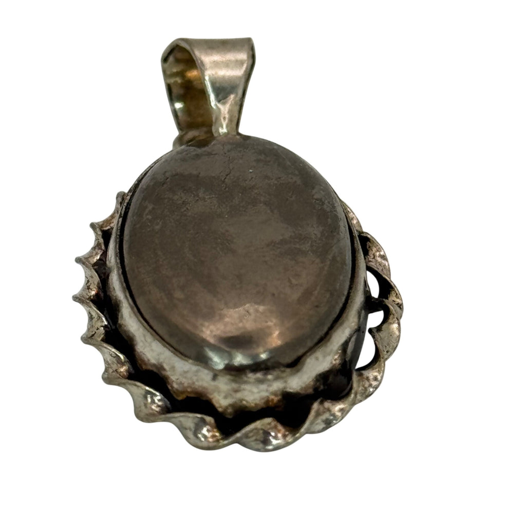Vintage Large Sterling Silver Oval Hematite SW Native Pendant 1.25" Rope Border