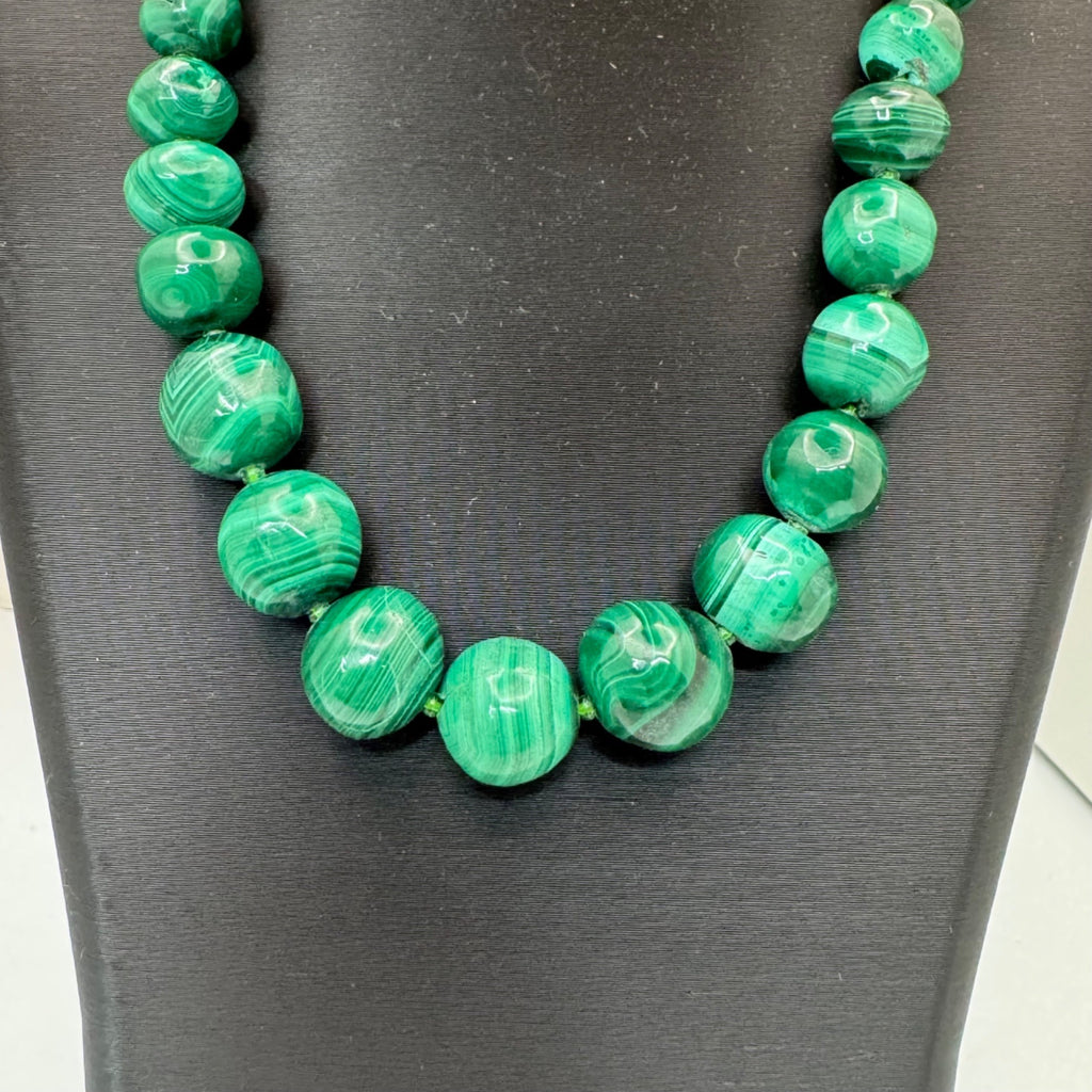 Malachite Beaded Necklace Brass Barrel Clasp 18" Graduated Polished Green Beads