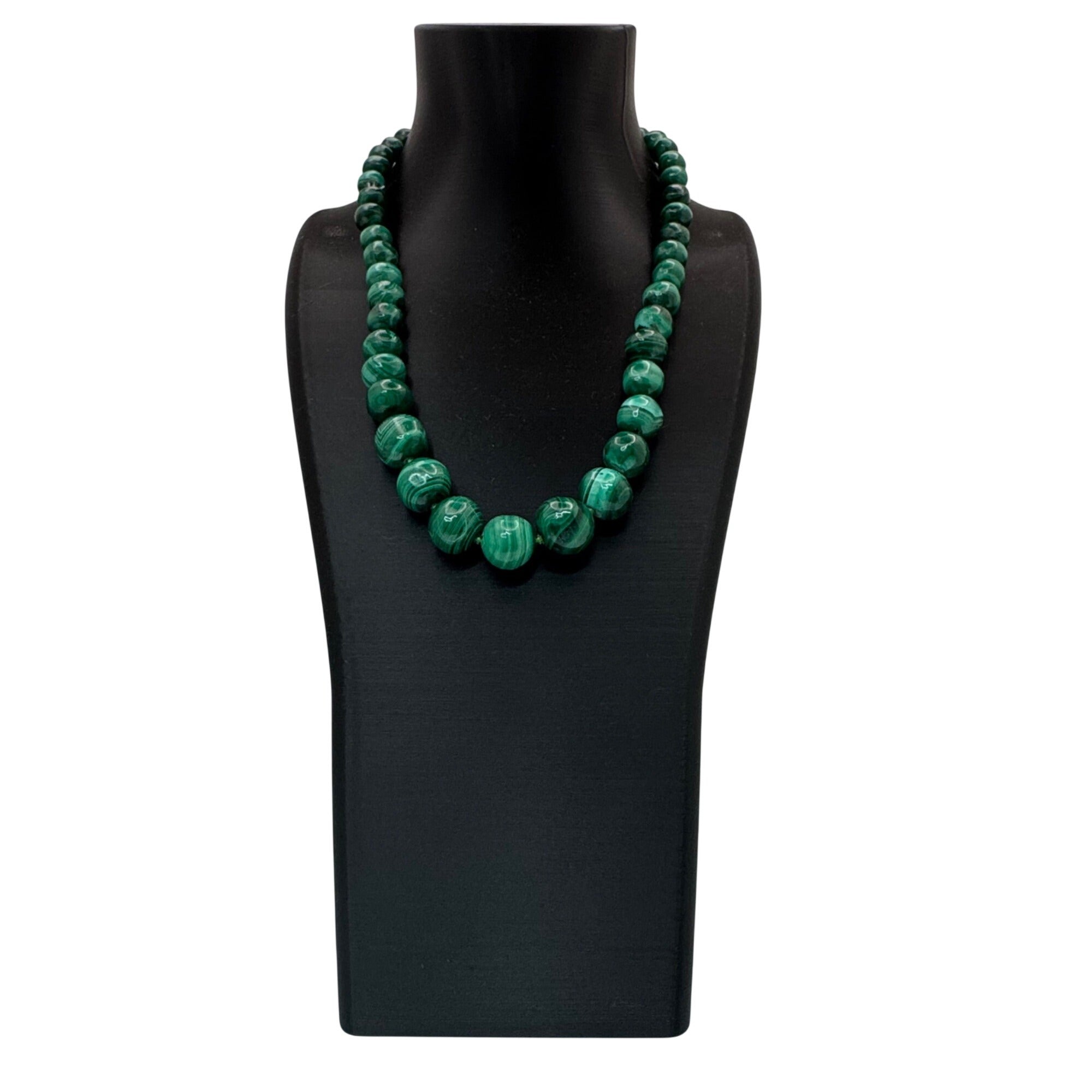 Malachite Beaded Necklace Brass Barrel Clasp 18" Graduated Polished Green Beads