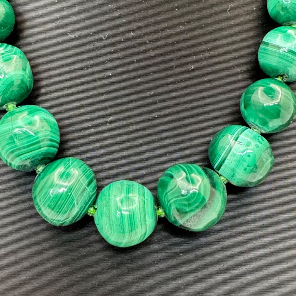 Malachite Beaded Necklace Brass Barrel Clasp 18" Graduated Polished Green Beads