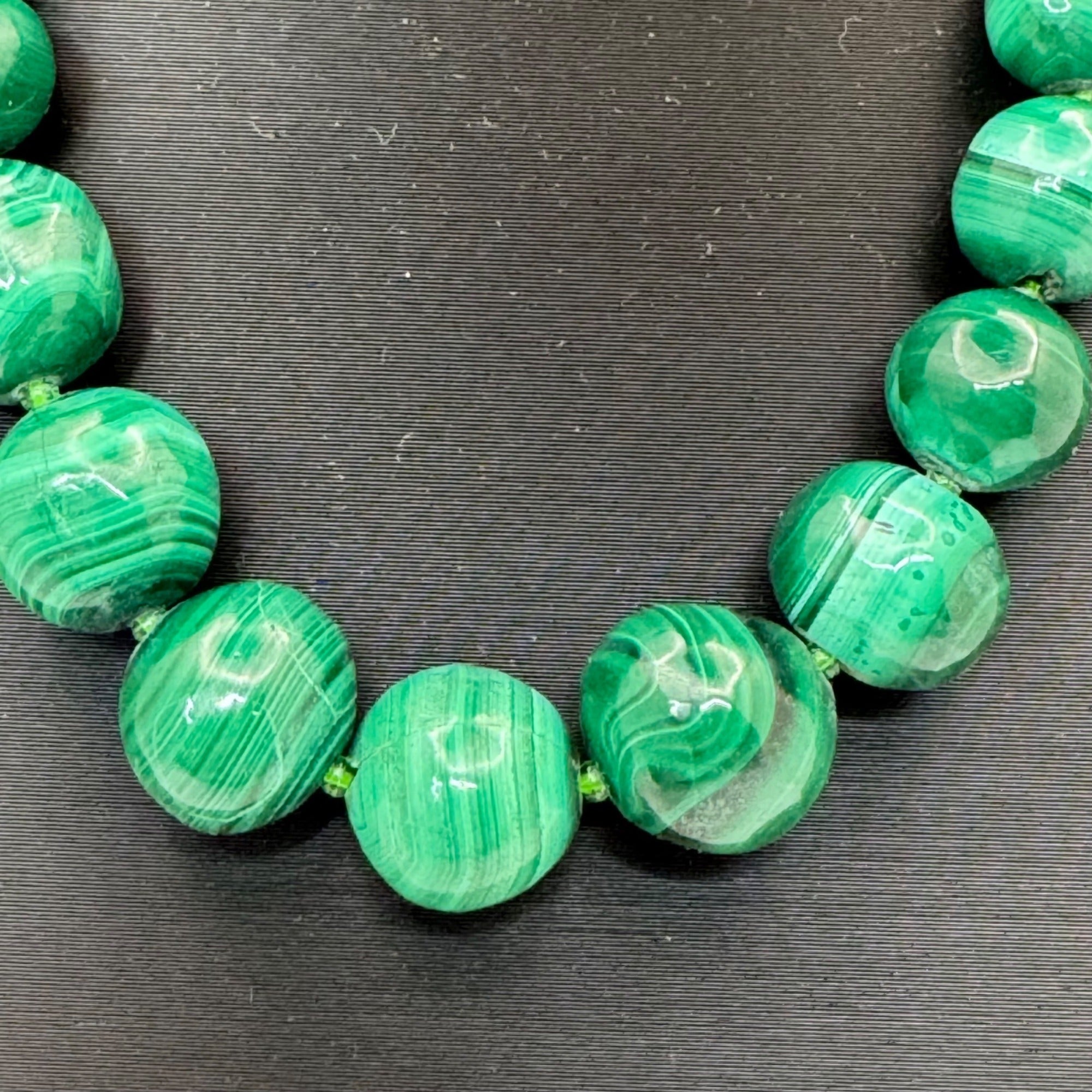 Malachite Beaded Necklace Brass Barrel Clasp 18" Graduated Polished Green Beads