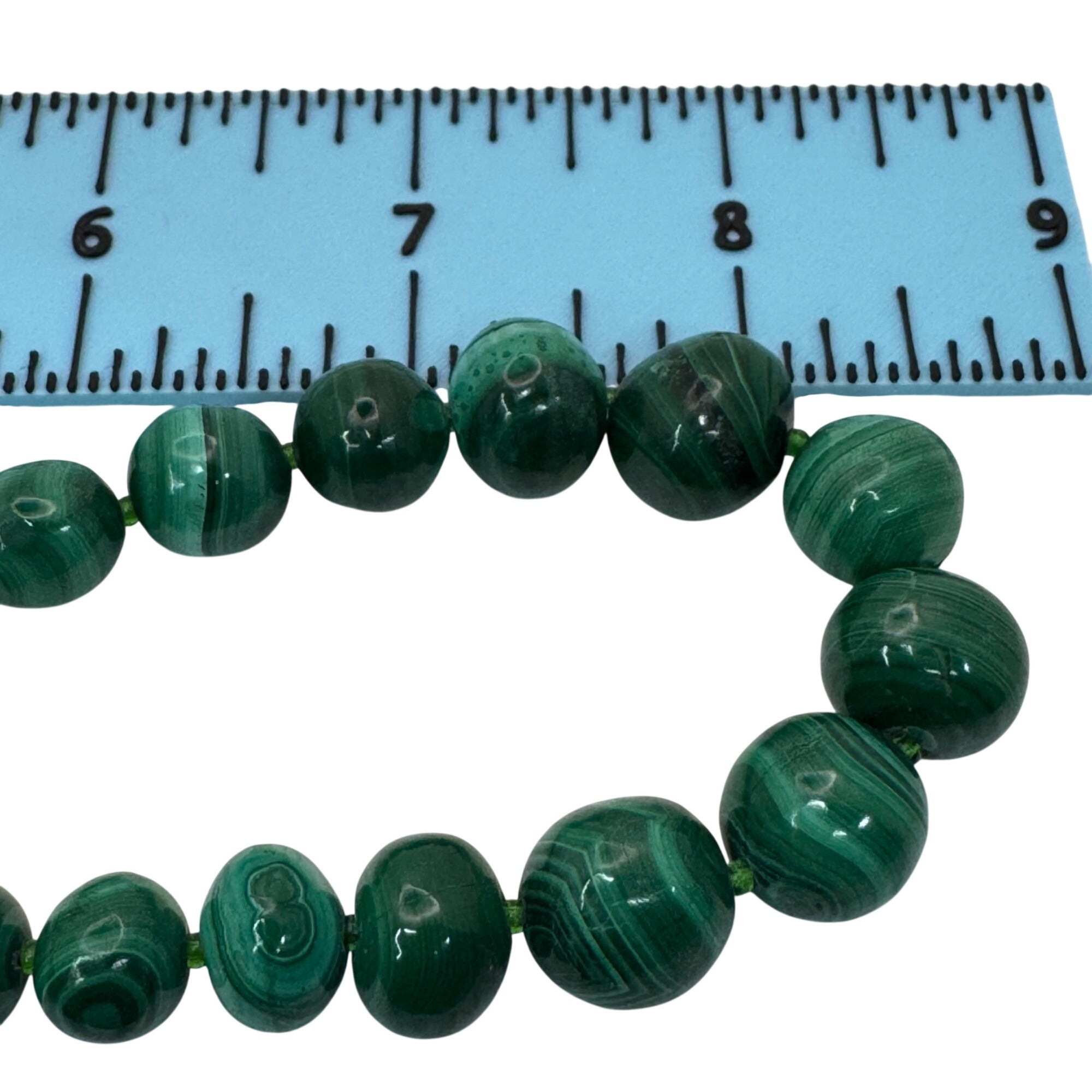 Malachite Beaded Necklace Brass Barrel Clasp 18" Graduated Polished Green Beads