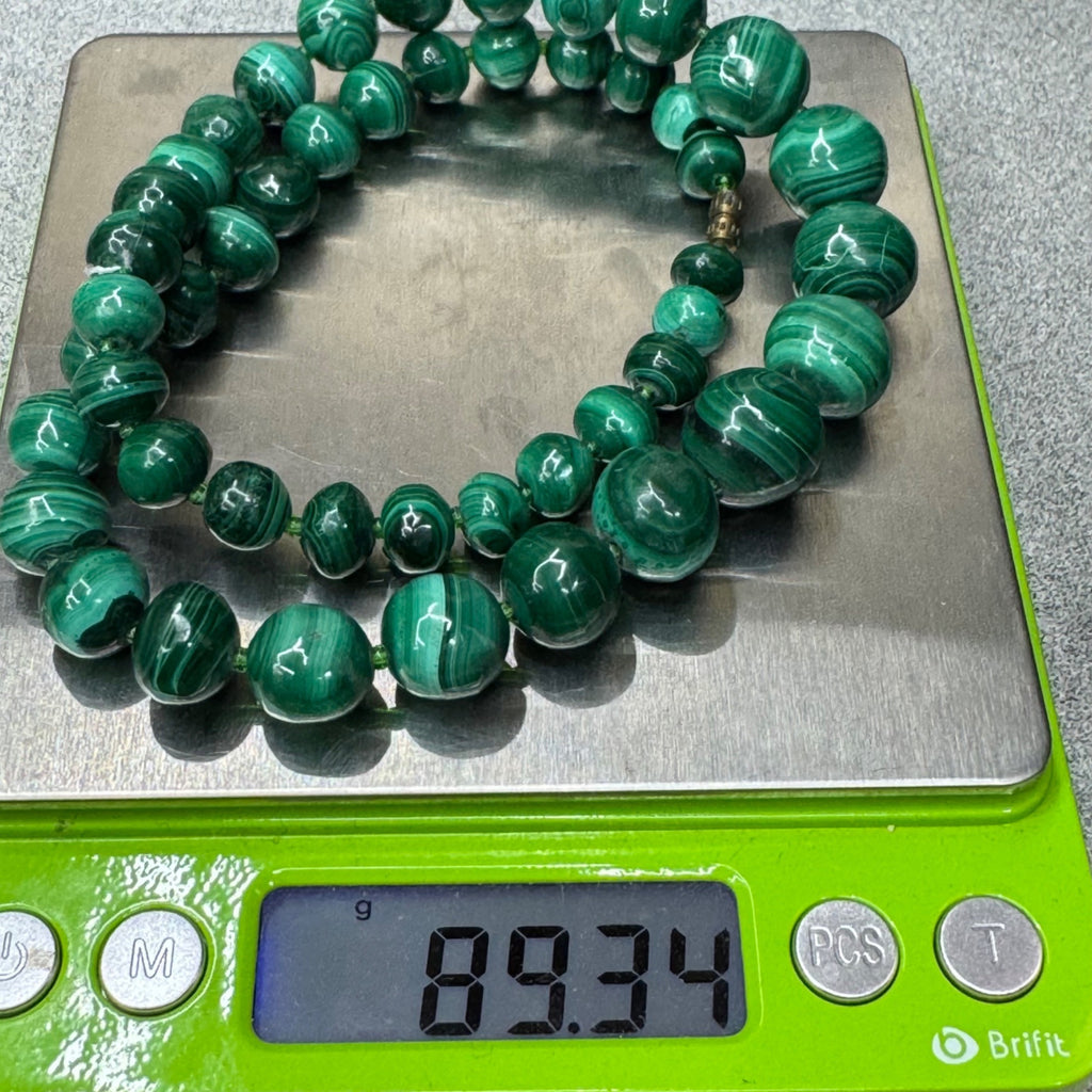 Malachite Beaded Necklace Brass Barrel Clasp 18" Graduated Polished Green Beads