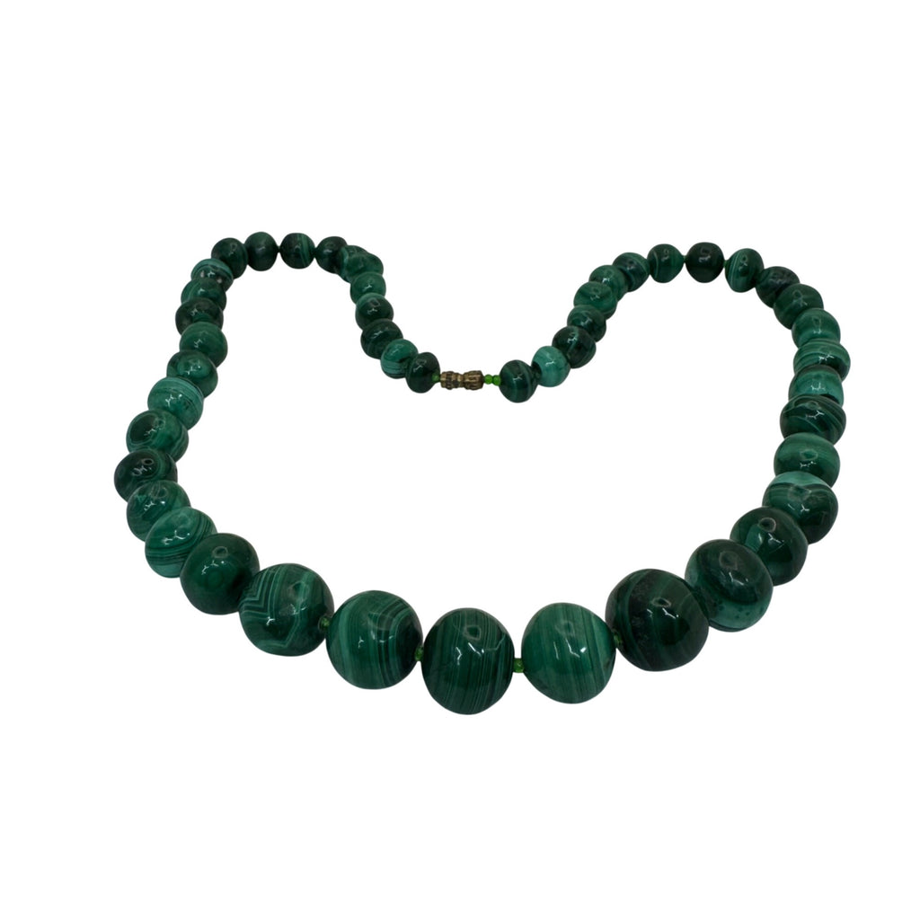 Malachite Beaded Necklace Brass Barrel Clasp 18" Graduated Polished Green Beads