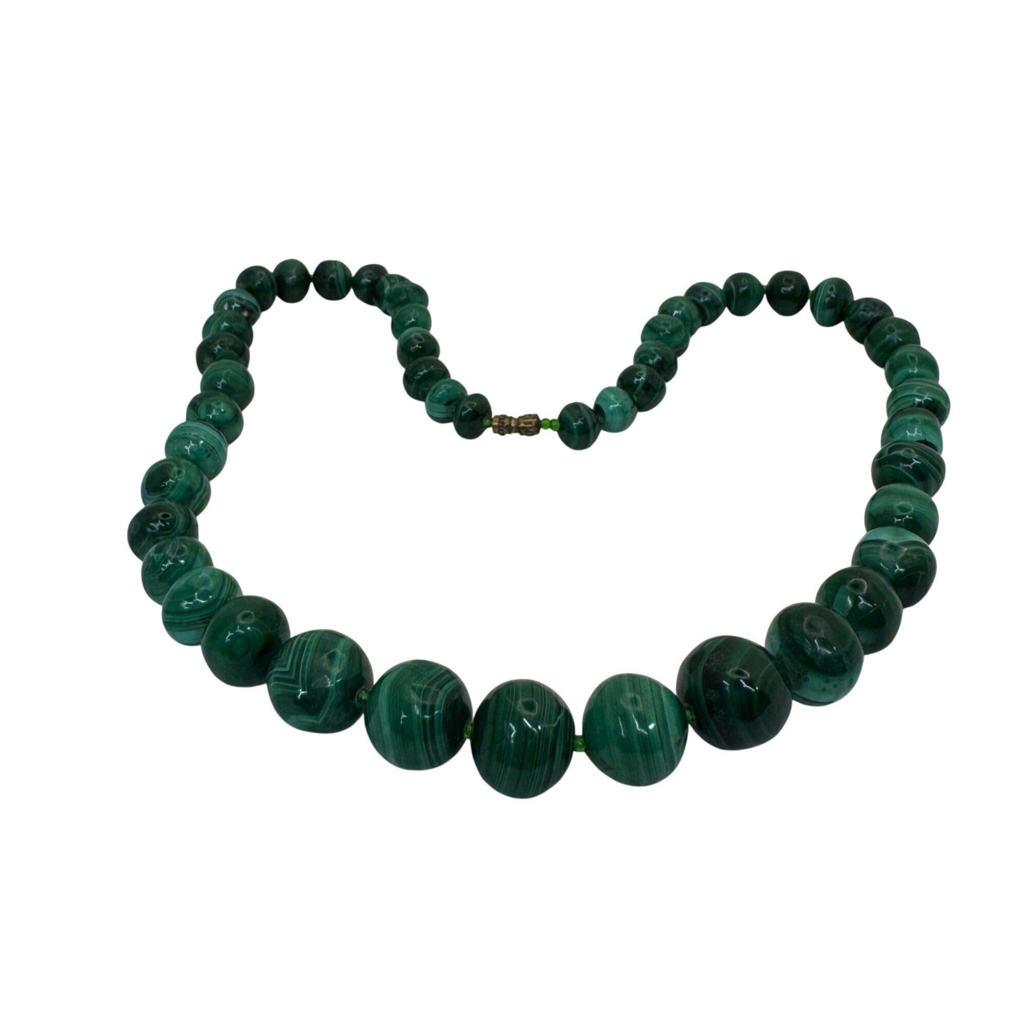 Malachite Beaded Necklace Brass Barrel Clasp 18" Graduated Polished Green Beads