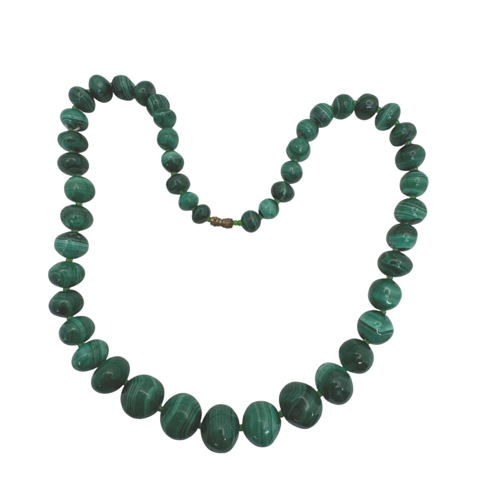Malachite Beaded Necklace Brass Barrel Clasp 18" Graduated Polished Green Beads