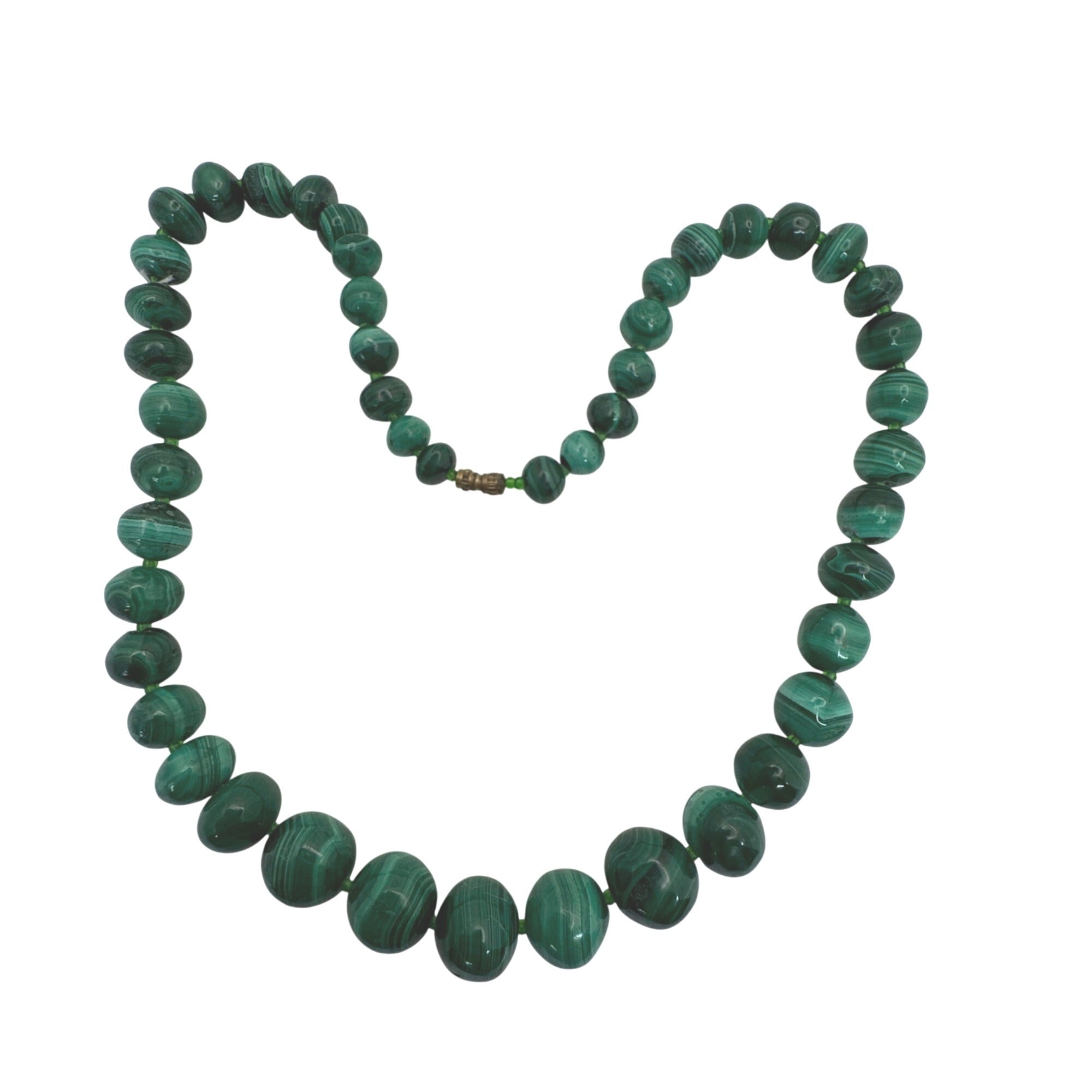 Malachite Beaded Necklace Brass Barrel Clasp 18" Graduated Polished Green Beads