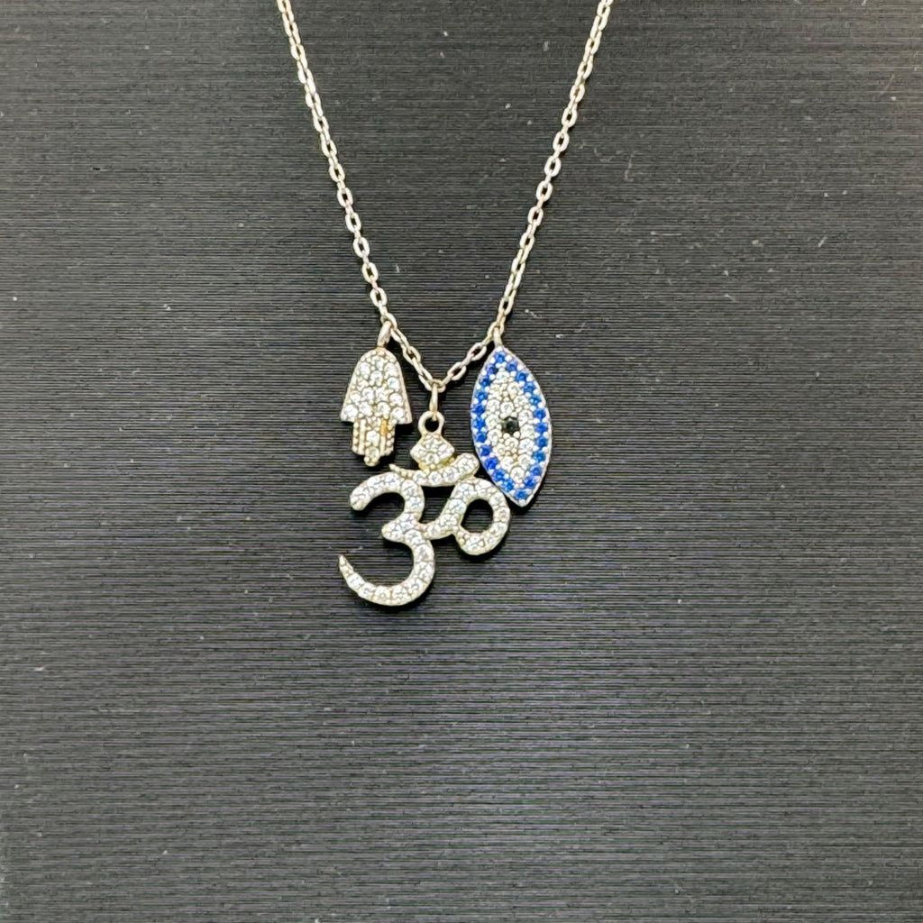 Vintage Sterling Silver Om Necklace Hamsa & Evil Eye Crystal Pendants Chain 16"