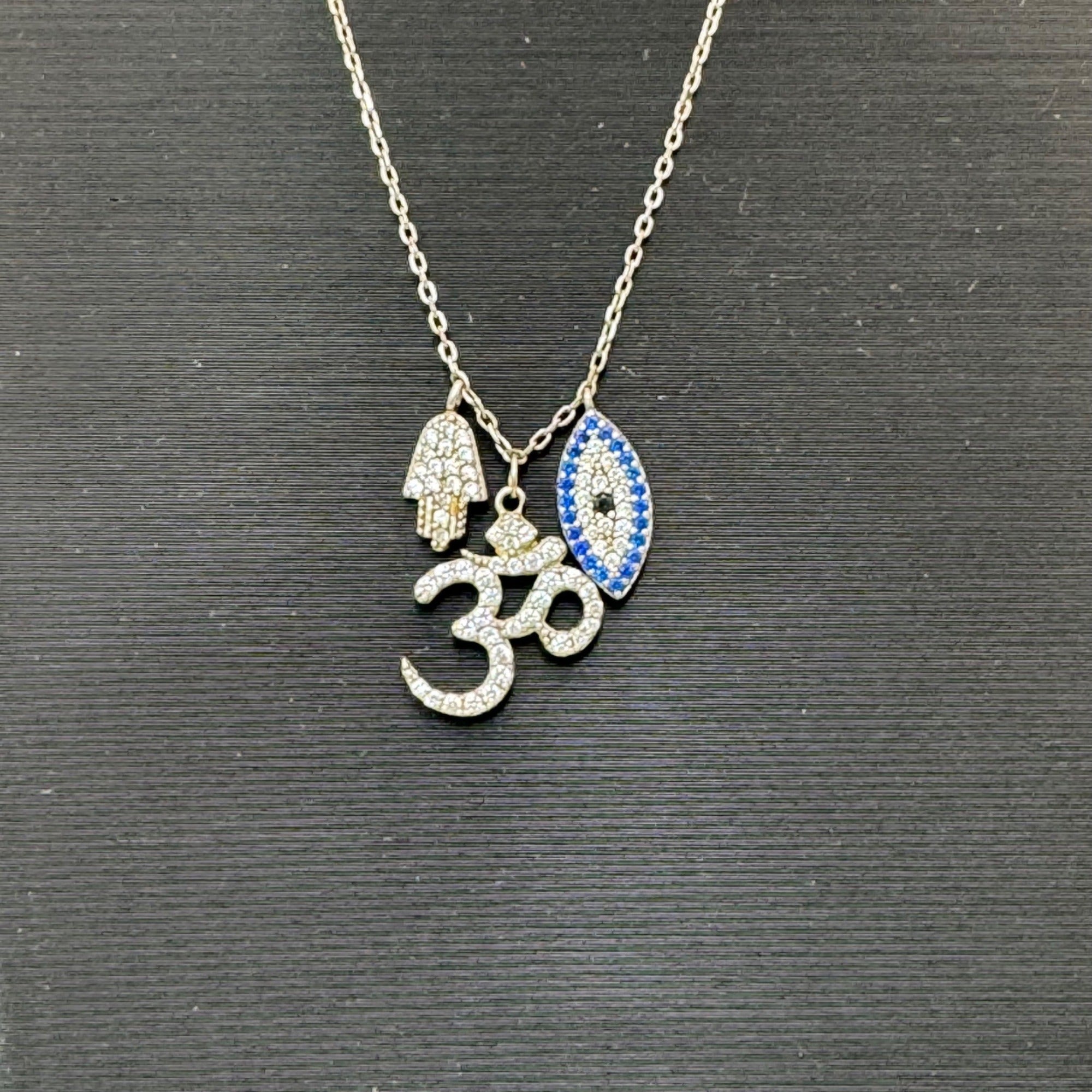 Vintage Sterling Silver Om Necklace Hamsa & Evil Eye Crystal Pendants Chain 16"