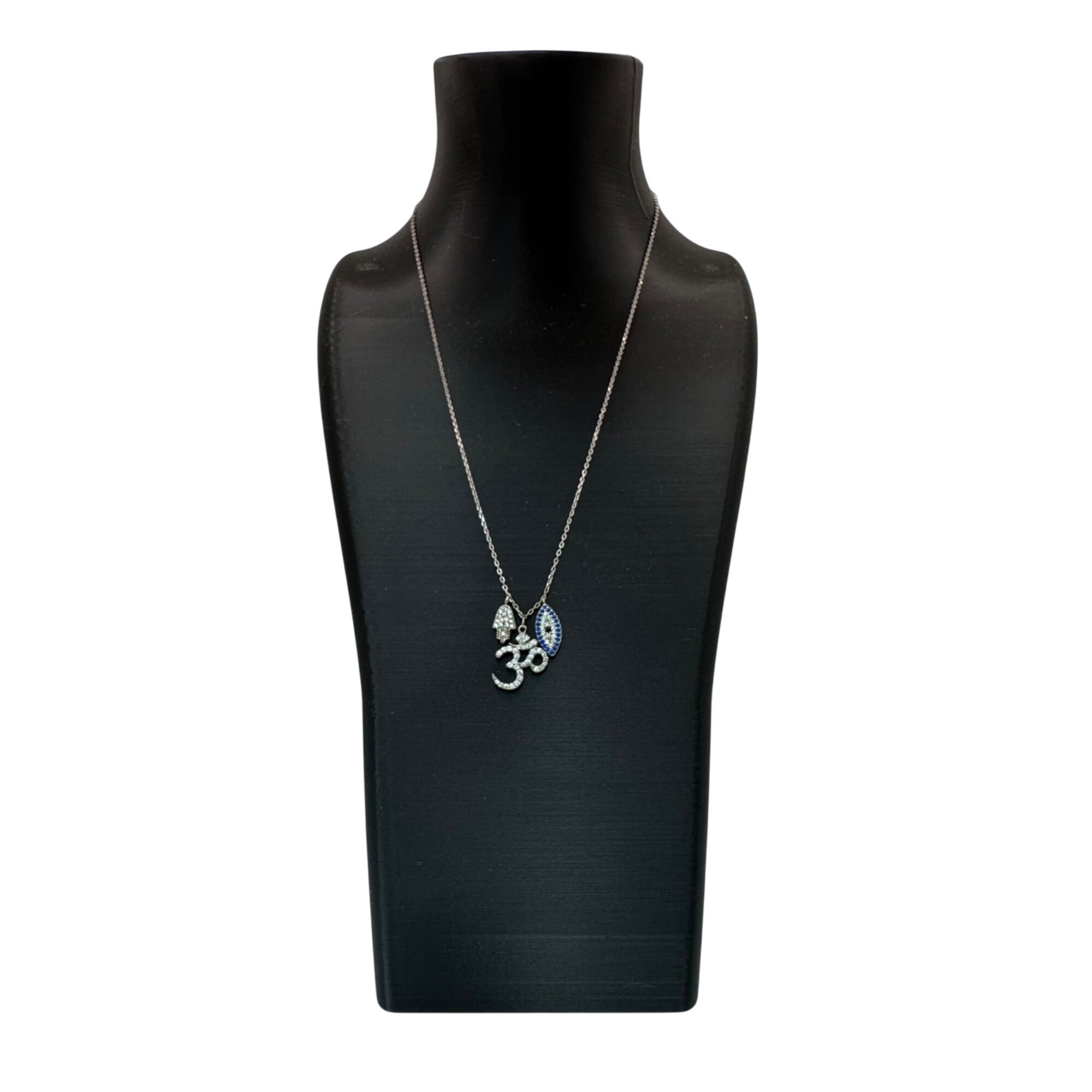 Vintage Sterling Silver Om Necklace Hamsa & Evil Eye Crystal Pendants Chain 16"