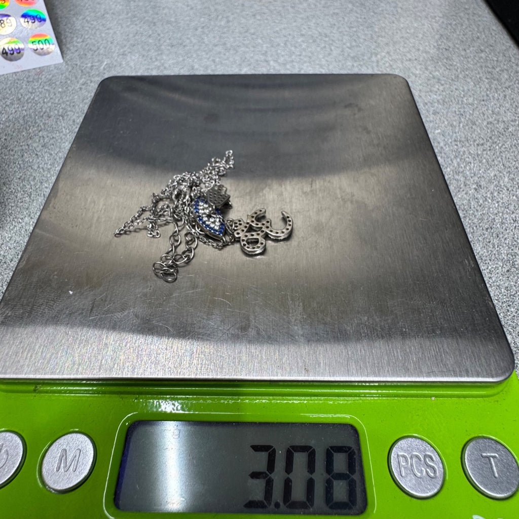 Vintage Sterling Silver Om Necklace Hamsa & Evil Eye Crystal Pendants Chain 16"