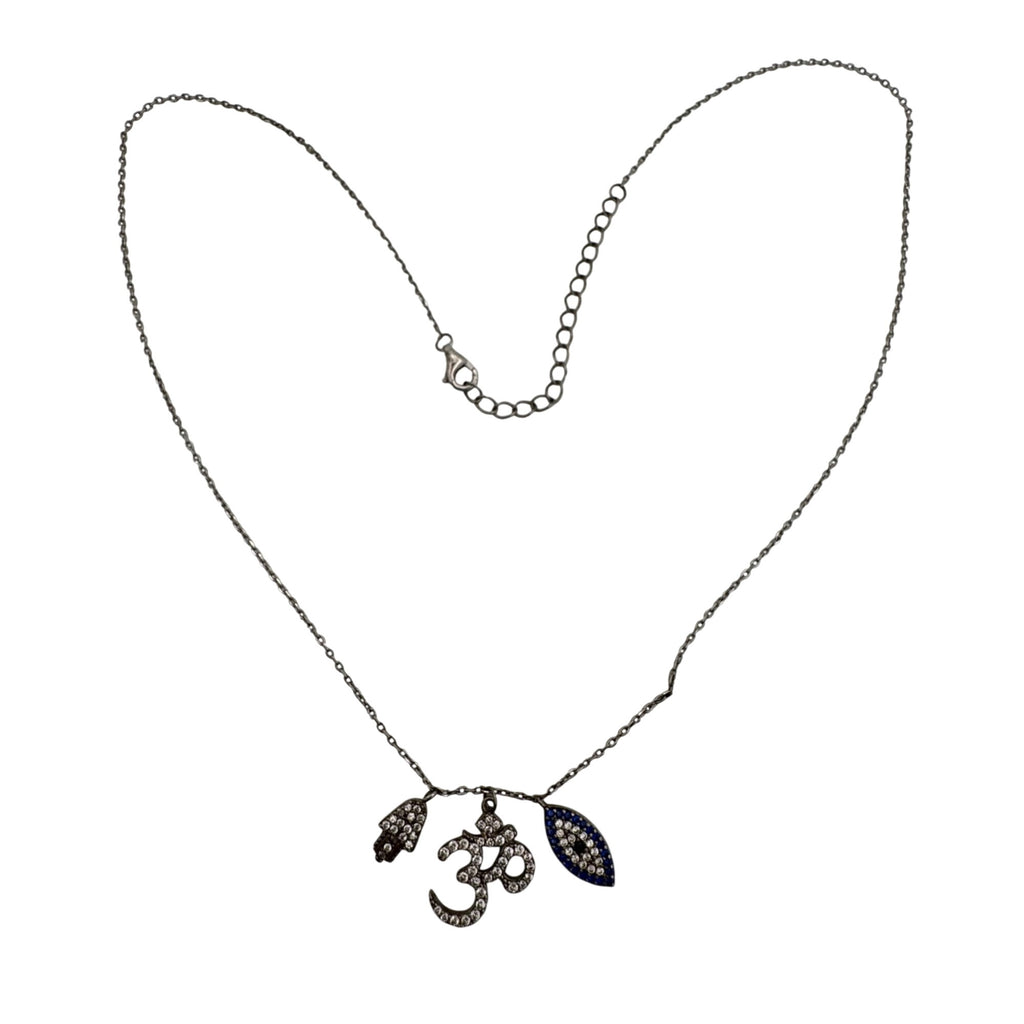 Vintage Sterling Silver Om Necklace Hamsa & Evil Eye Crystal Pendants Chain 16"