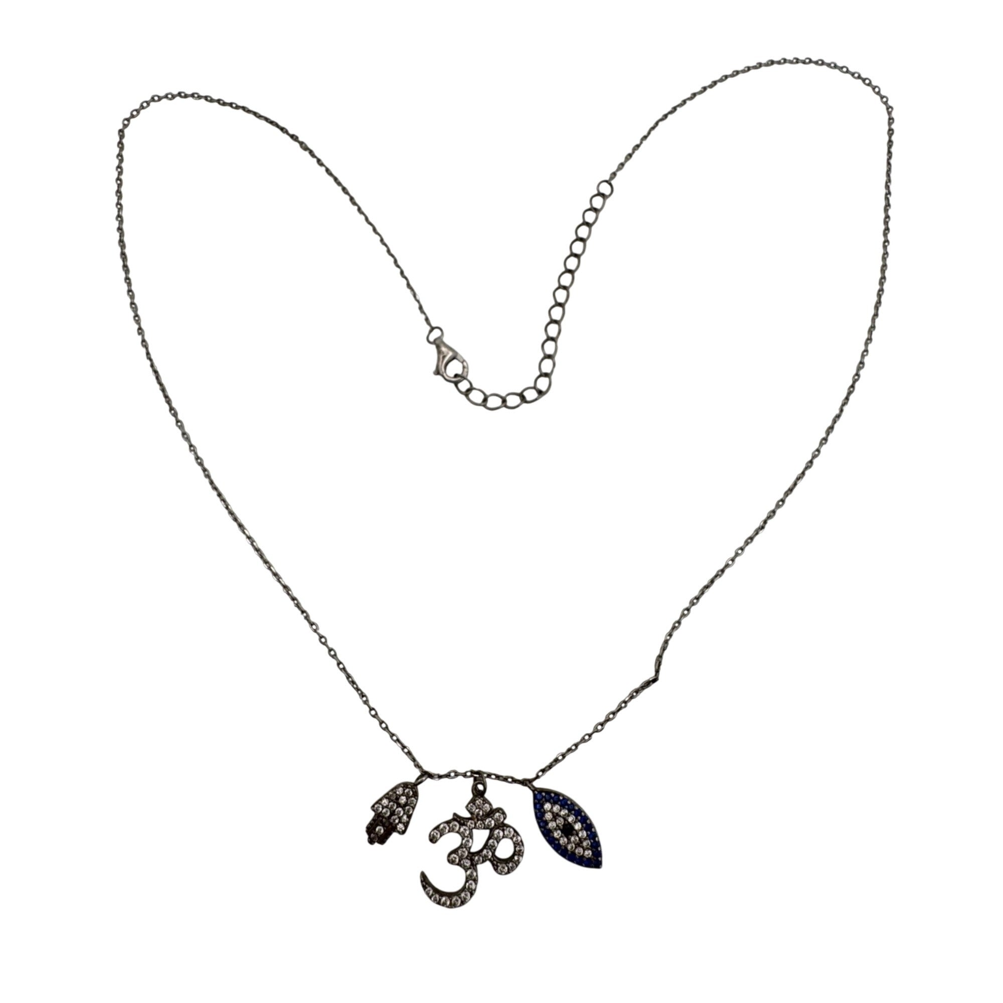 Vintage Sterling Silver Om Necklace Hamsa & Evil Eye Crystal Pendants Chain 16"