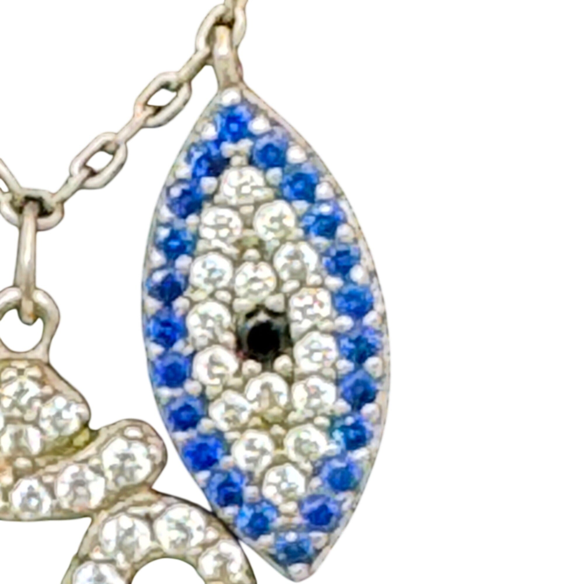 Vintage Sterling Silver Om Necklace Hamsa & Evil Eye Crystal Pendants Chain 16"