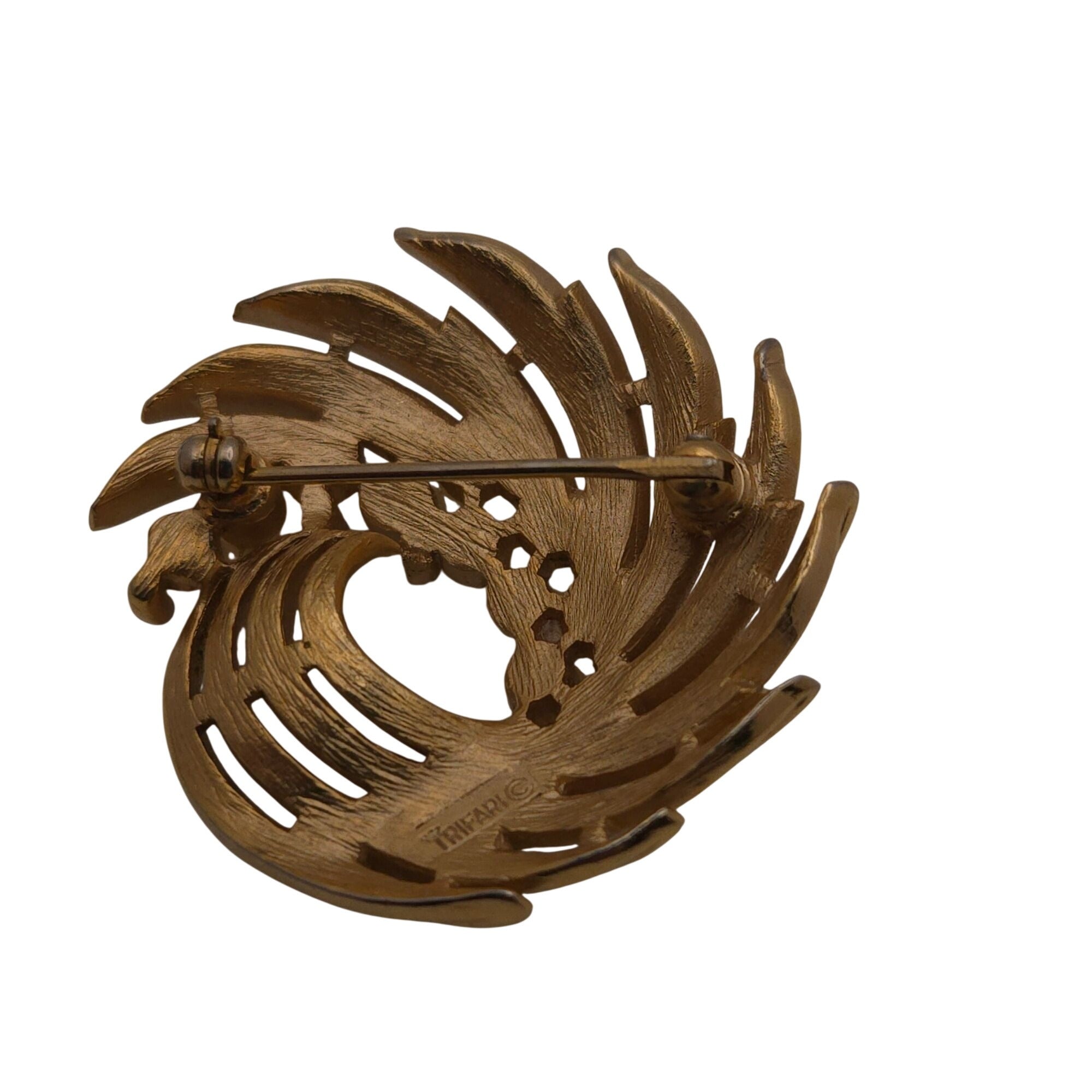 Vintage Trifari Gold Tone Swirl Brooch Faux Pearls & Rhinestones 1.75" Statement