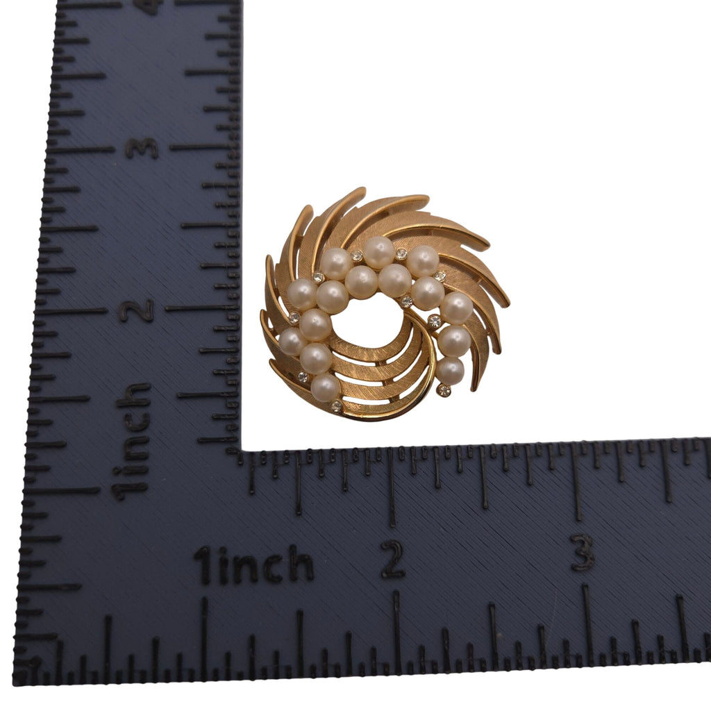 Vintage Trifari Gold Tone Swirl Brooch Faux Pearls & Rhinestones 1.75" Statement