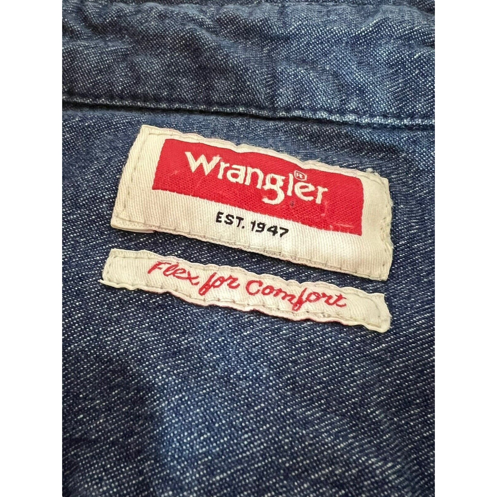 Wrangler Shirt 2XL Blue Denim Jean Button Down Flex Stretch Comfort XXL Big Tall