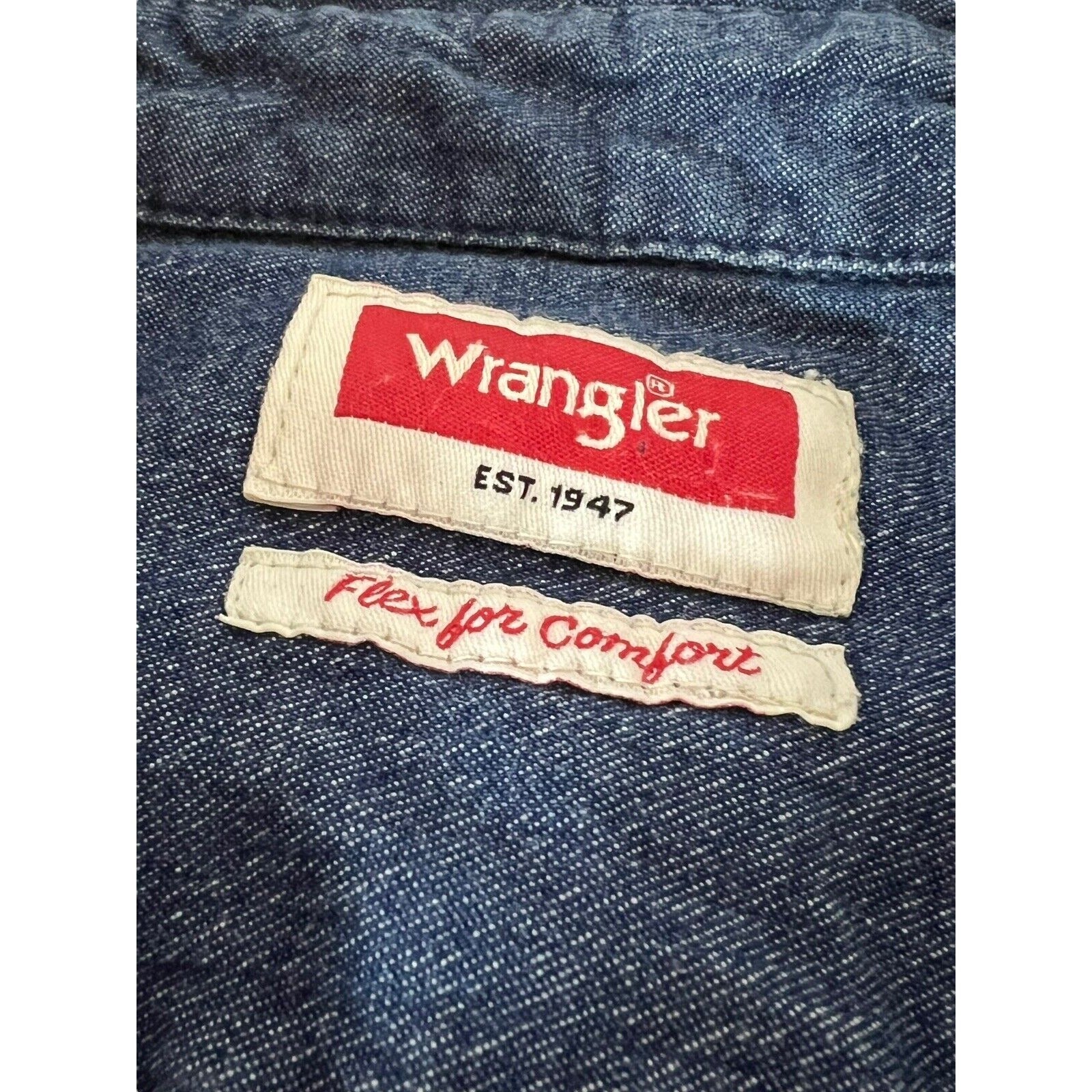 Wrangler Shirt 2XL Blue Denim Jean Button Down Flex Stretch Comfort XXL Big Tall