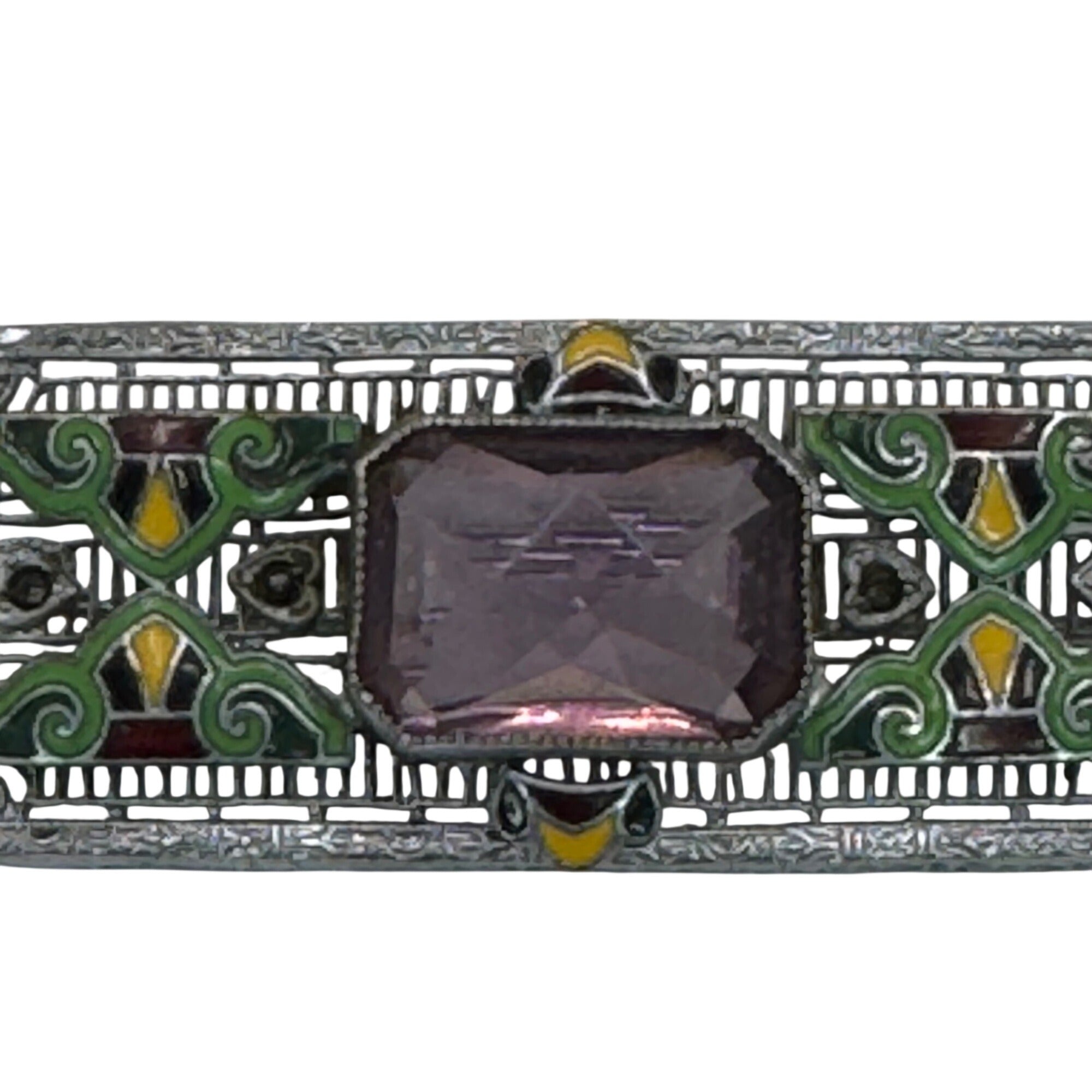 14k White Gold Art Deco Filigree Enamel Brooch Amethyst Glass Antique 10.7g