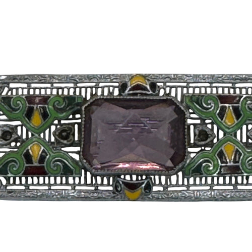 14k White Gold Art Deco Filigree Enamel Brooch Amethyst Glass Antique 10.7g