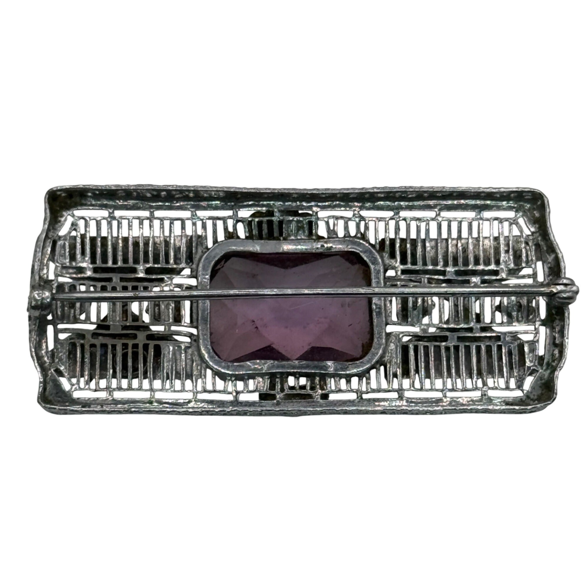 14k White Gold Art Deco Filigree Enamel Brooch Amethyst Glass Antique 10.7g