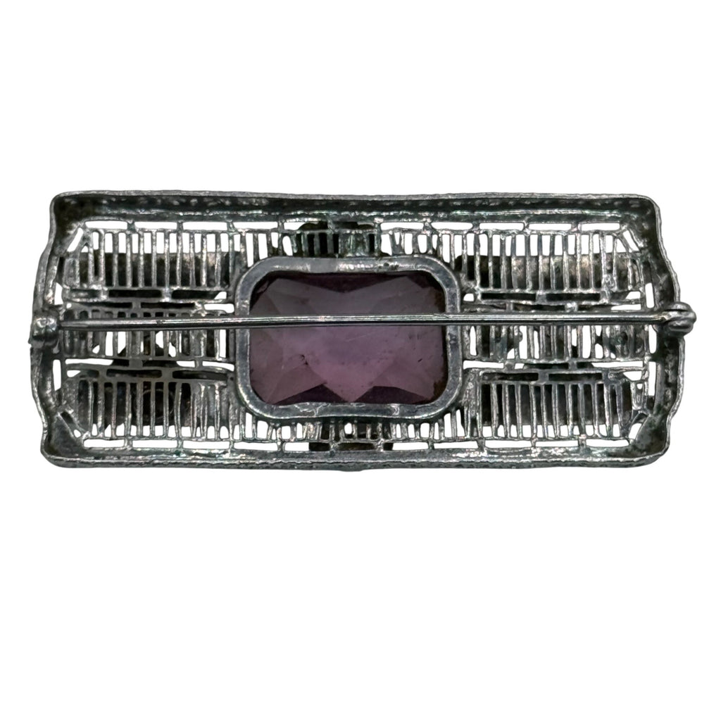 14k White Gold Art Deco Filigree Enamel Brooch Amethyst Glass Antique 10.7g