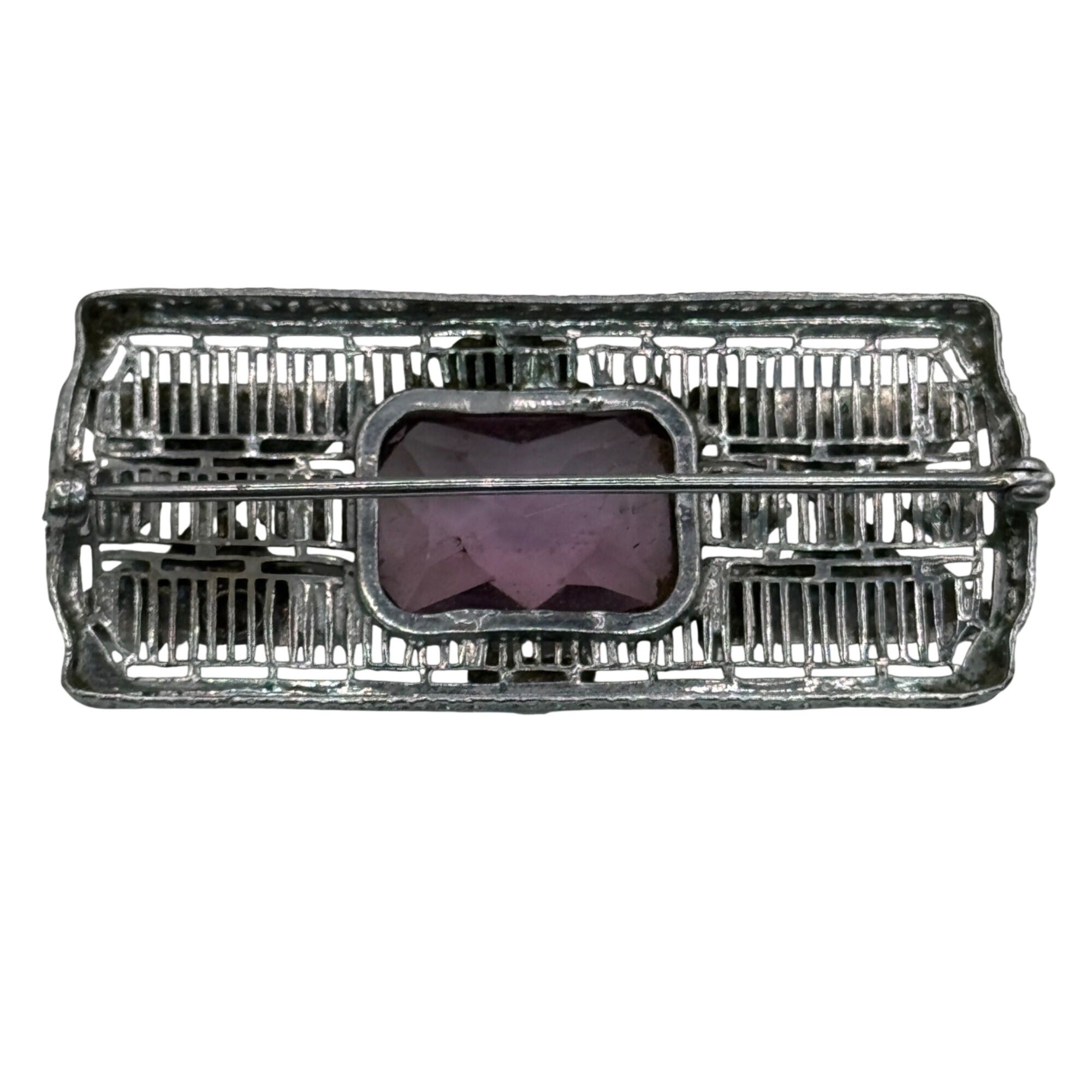 14k White Gold Art Deco Filigree Enamel Brooch Amethyst Glass Antique 10.7g