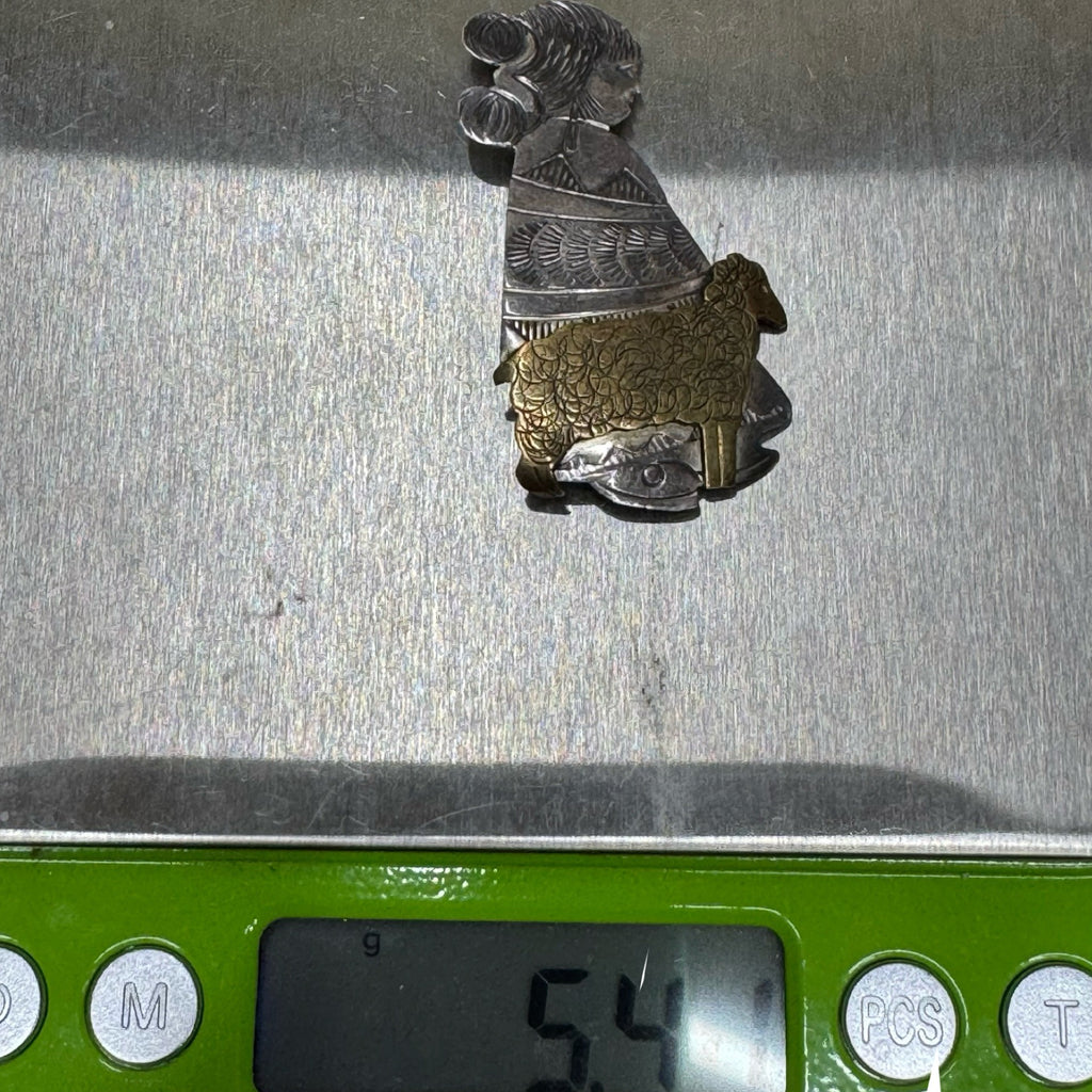 Vintage Navajo Benson Boyd Sterling Silver Brass BB Native Girl Sheep Pin Brooch