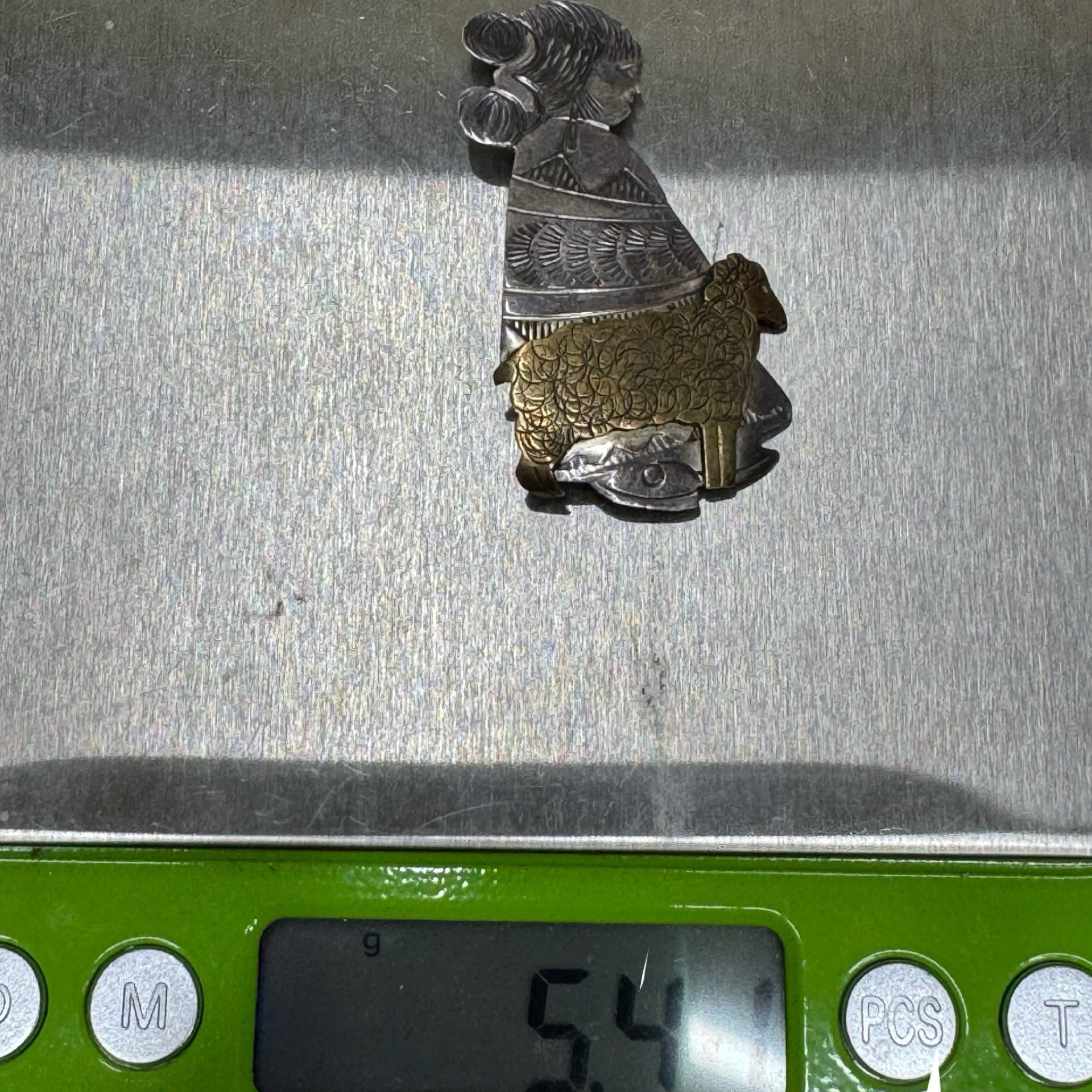 Vintage Navajo Benson Boyd Sterling Silver Brass BB Native Girl Sheep Pin Brooch