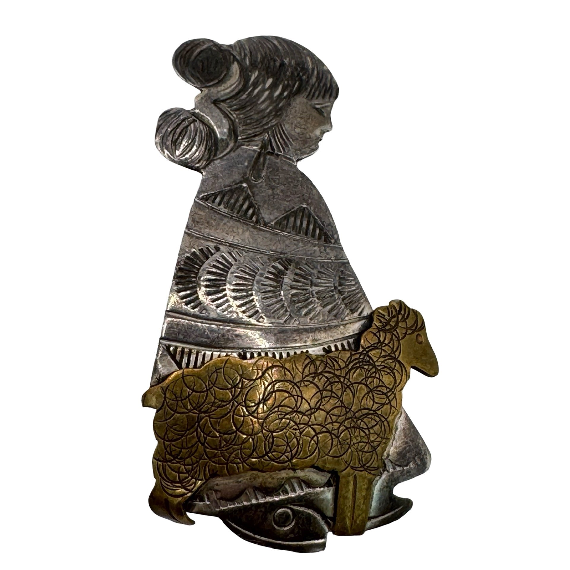 Vintage Navajo Benson Boyd Sterling Silver Brass BB Native Girl Sheep Pin Brooch