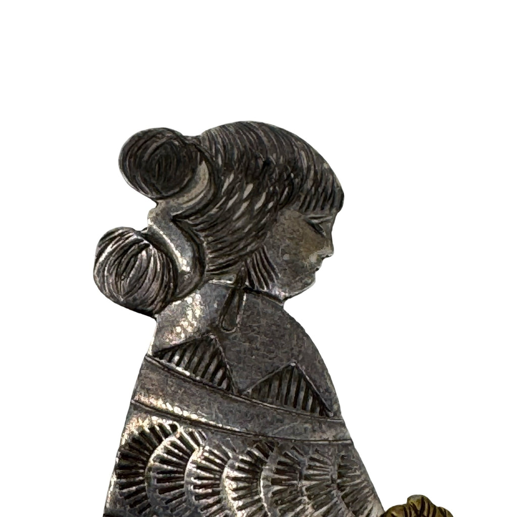 Vintage Navajo Benson Boyd Sterling Silver Brass BB Native Girl Sheep Pin Brooch