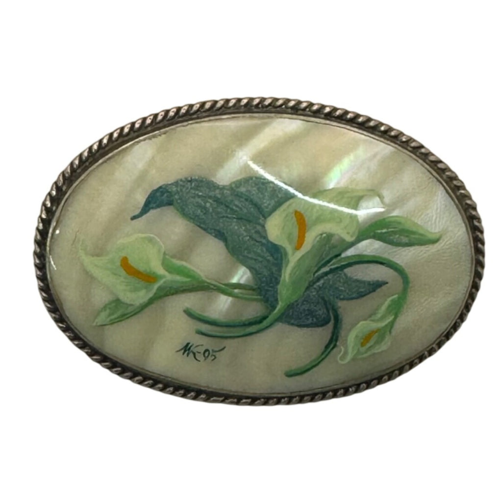 Hand-Painted Mother Of Pearl Floral Brooch Calla Lily SilverTone Oval Vintage 3"