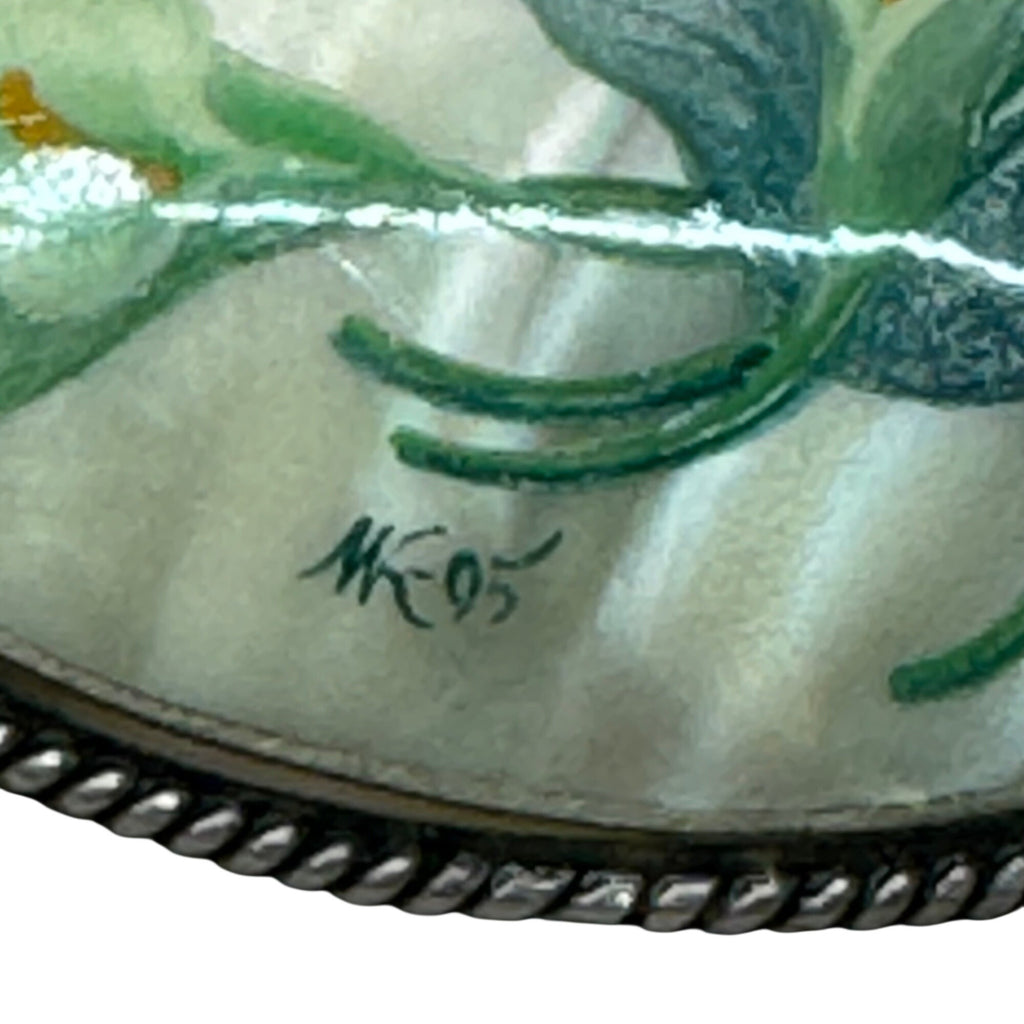 Hand-Painted Mother Of Pearl Floral Brooch Calla Lily SilverTone Oval Vintage 3"