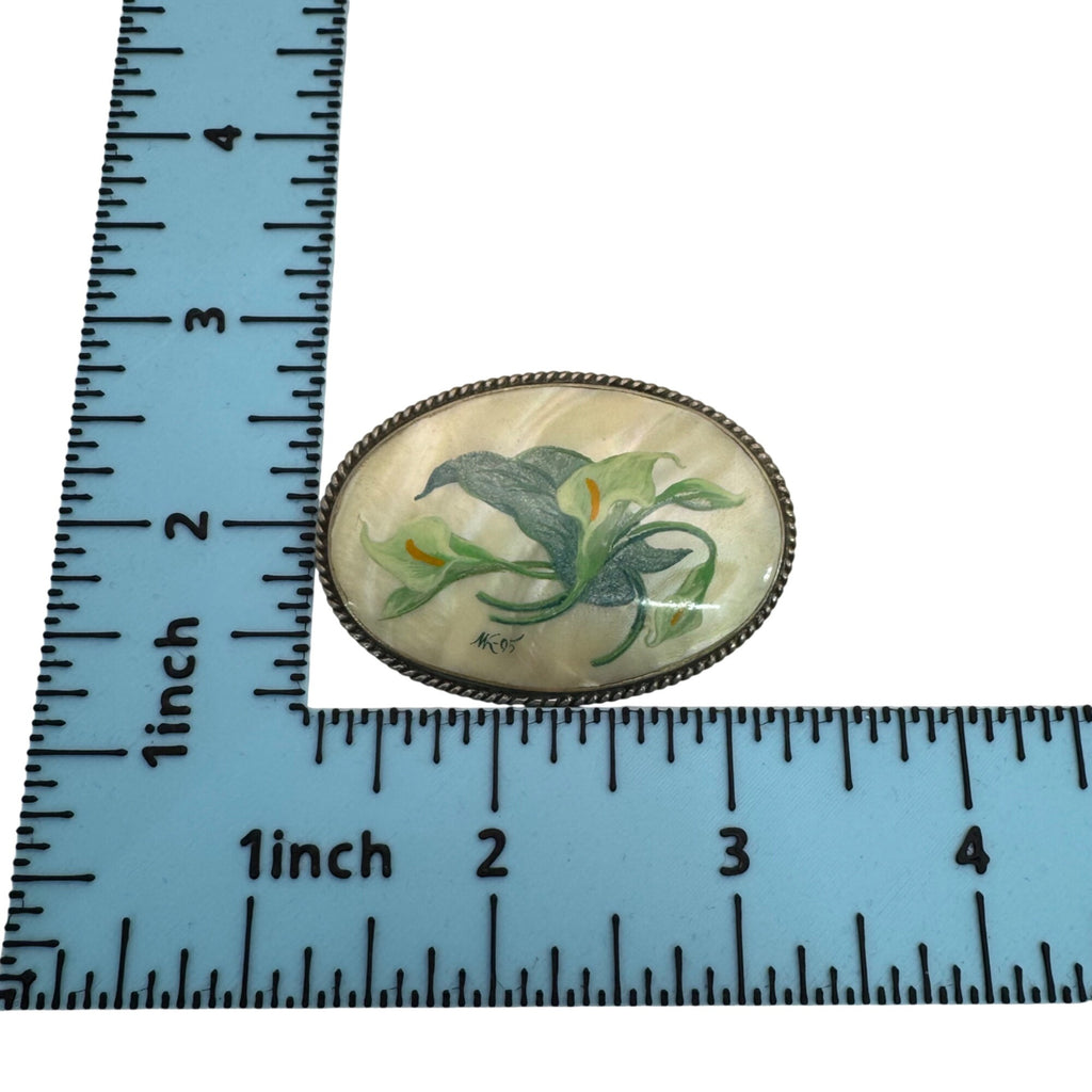 Hand-Painted Mother Of Pearl Floral Brooch Calla Lily SilverTone Oval Vintage 3"