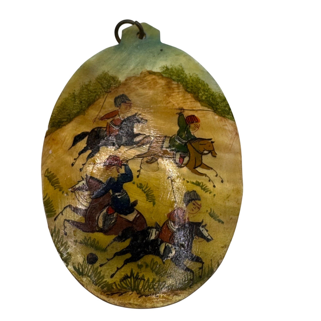 Vintage Battle Scene Hand Painted Shell MOP Pendant 2.5" Equestrian Hunting