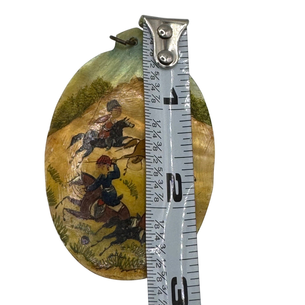 Vintage Battle Scene Hand Painted Shell MOP Pendant 2.5" Equestrian Hunting