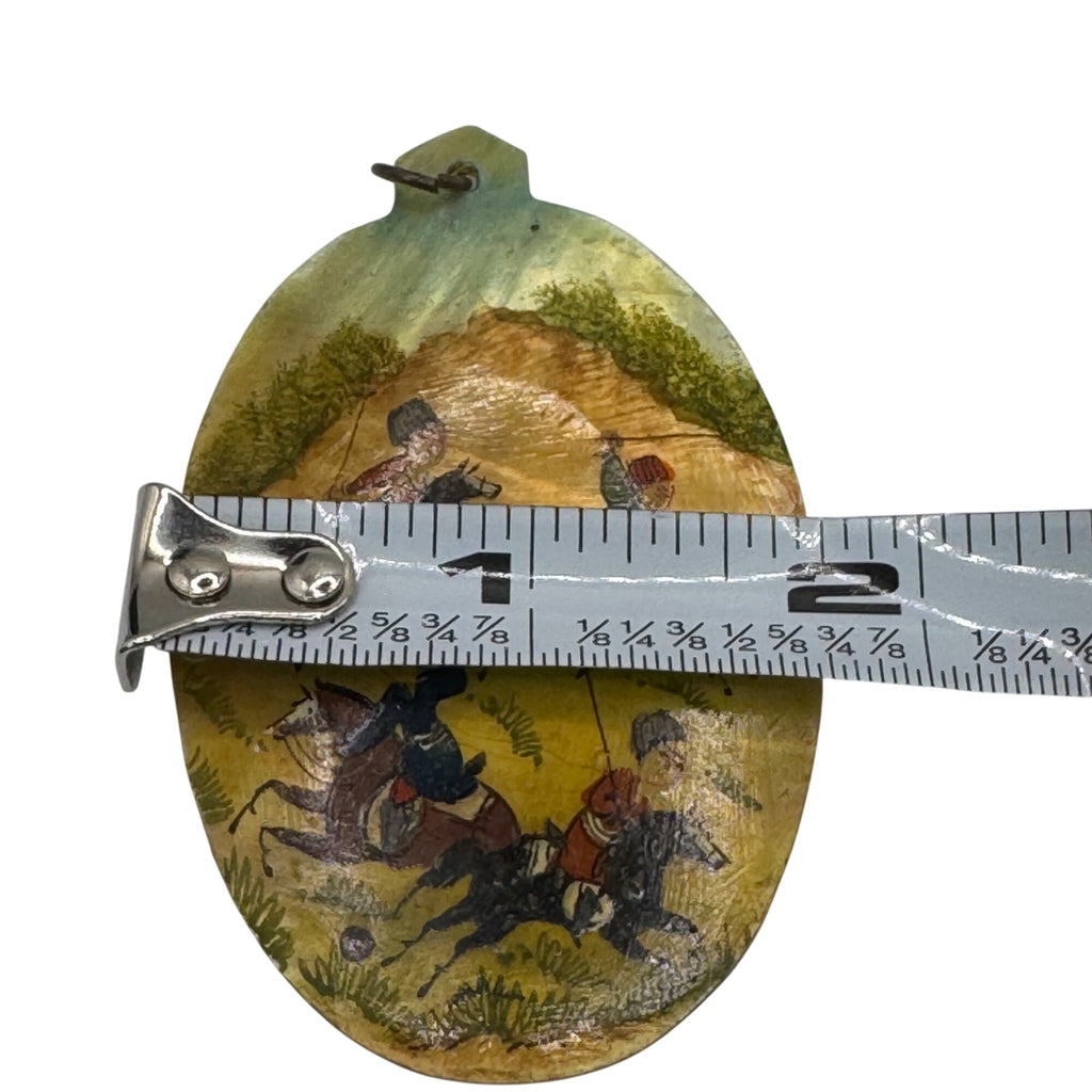 Vintage Battle Scene Hand Painted Shell MOP Pendant 2.5" Equestrian Hunting