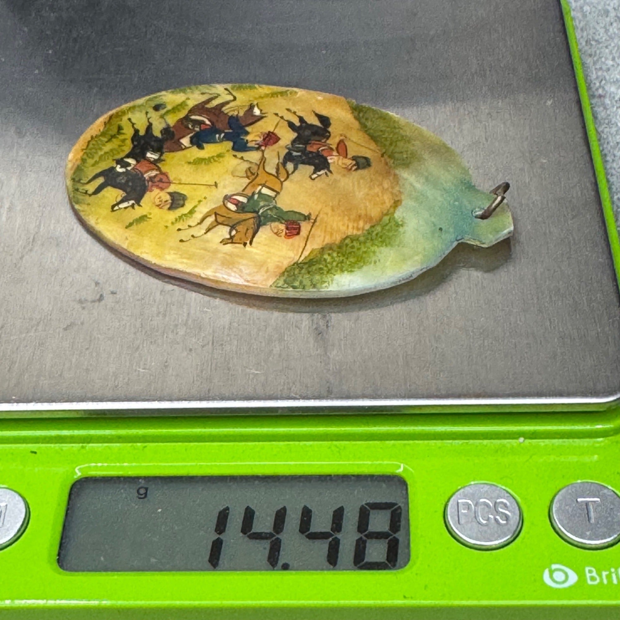 Vintage Battle Scene Hand Painted Shell MOP Pendant 2.5" Equestrian Hunting