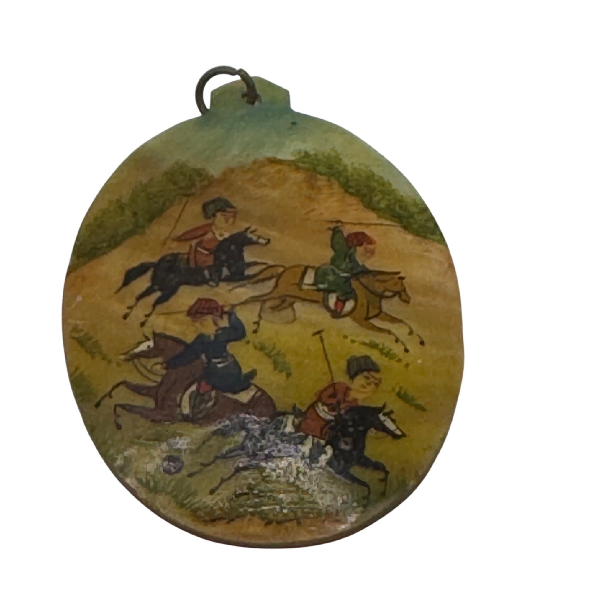Vintage Battle Scene Hand Painted Shell MOP Pendant 2.5" Equestrian Hunting