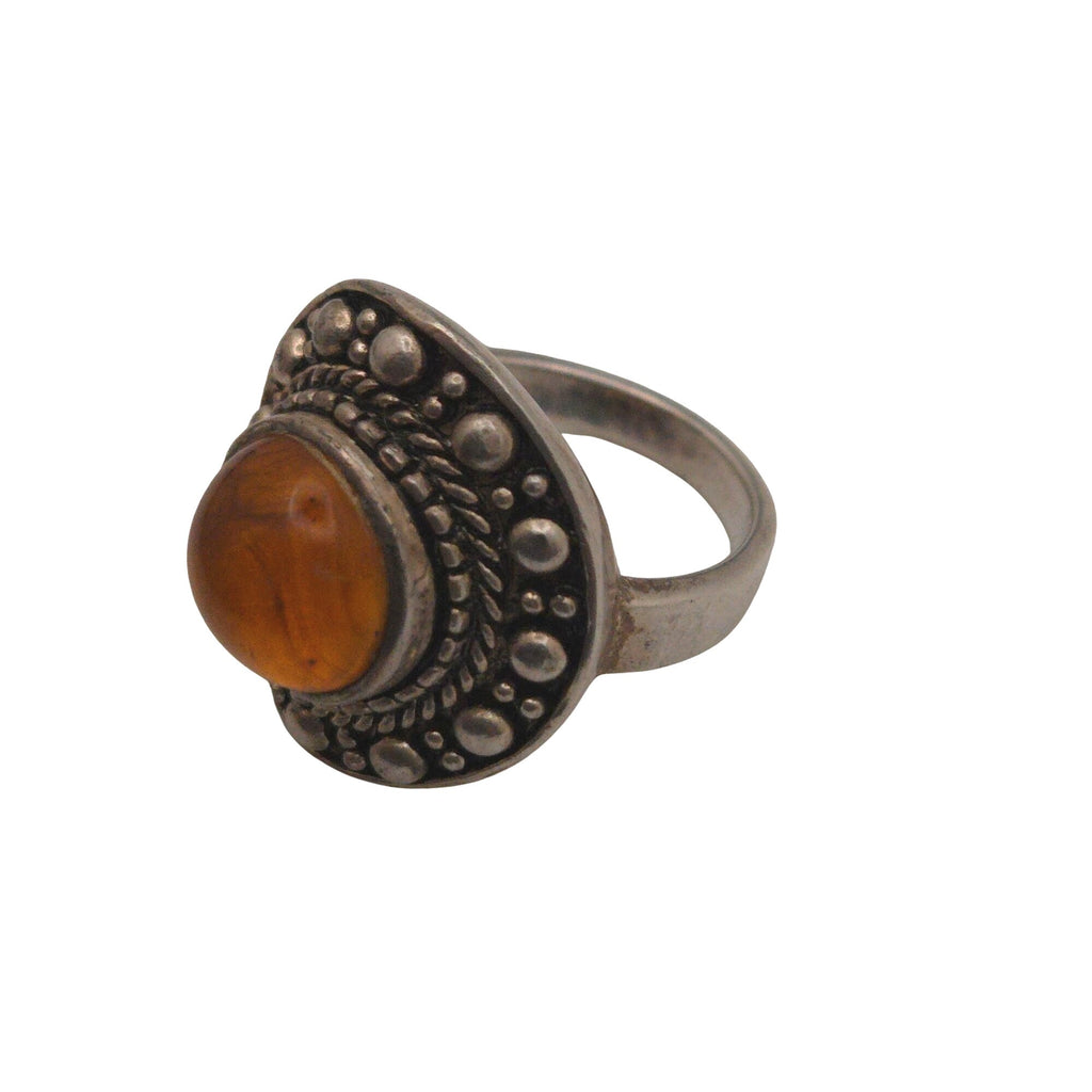 Vintage Sterling Silver Amber Cabochon Ring Size 9 Boho Style Statement Jewelry