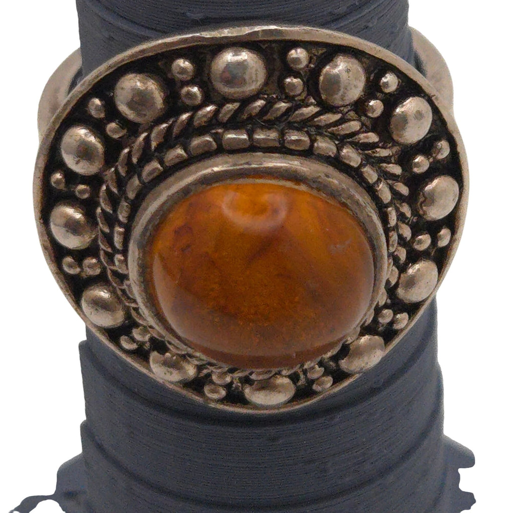 Vintage Sterling Silver Amber Cabochon Ring Size 9 Boho Style Statement Jewelry