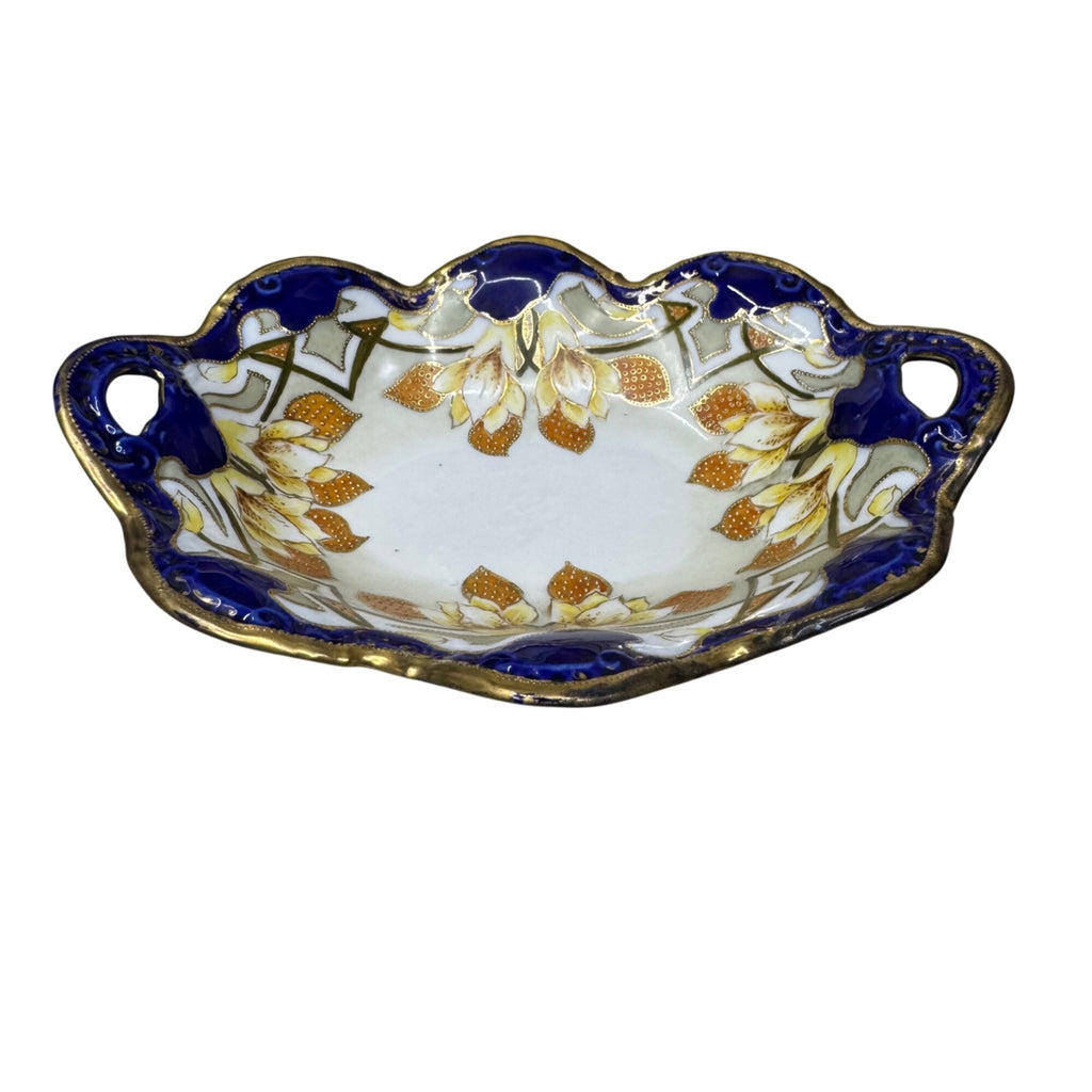 Vintage Imperial Nippon Porcelain Bowl Handles Cobalt Blue Gold Floral Gilt 10.5