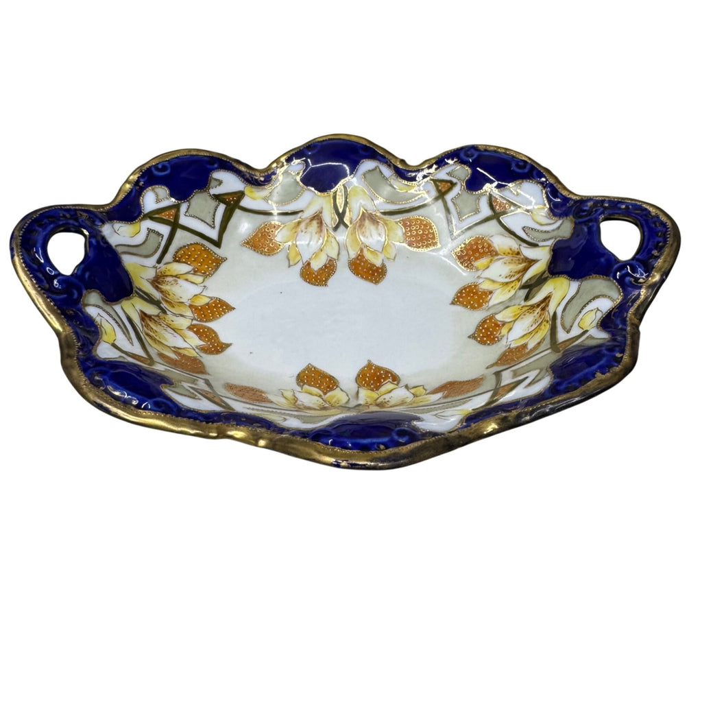 Vintage Imperial Nippon Porcelain Bowl Handles Cobalt Blue Gold Floral Gilt 10.5